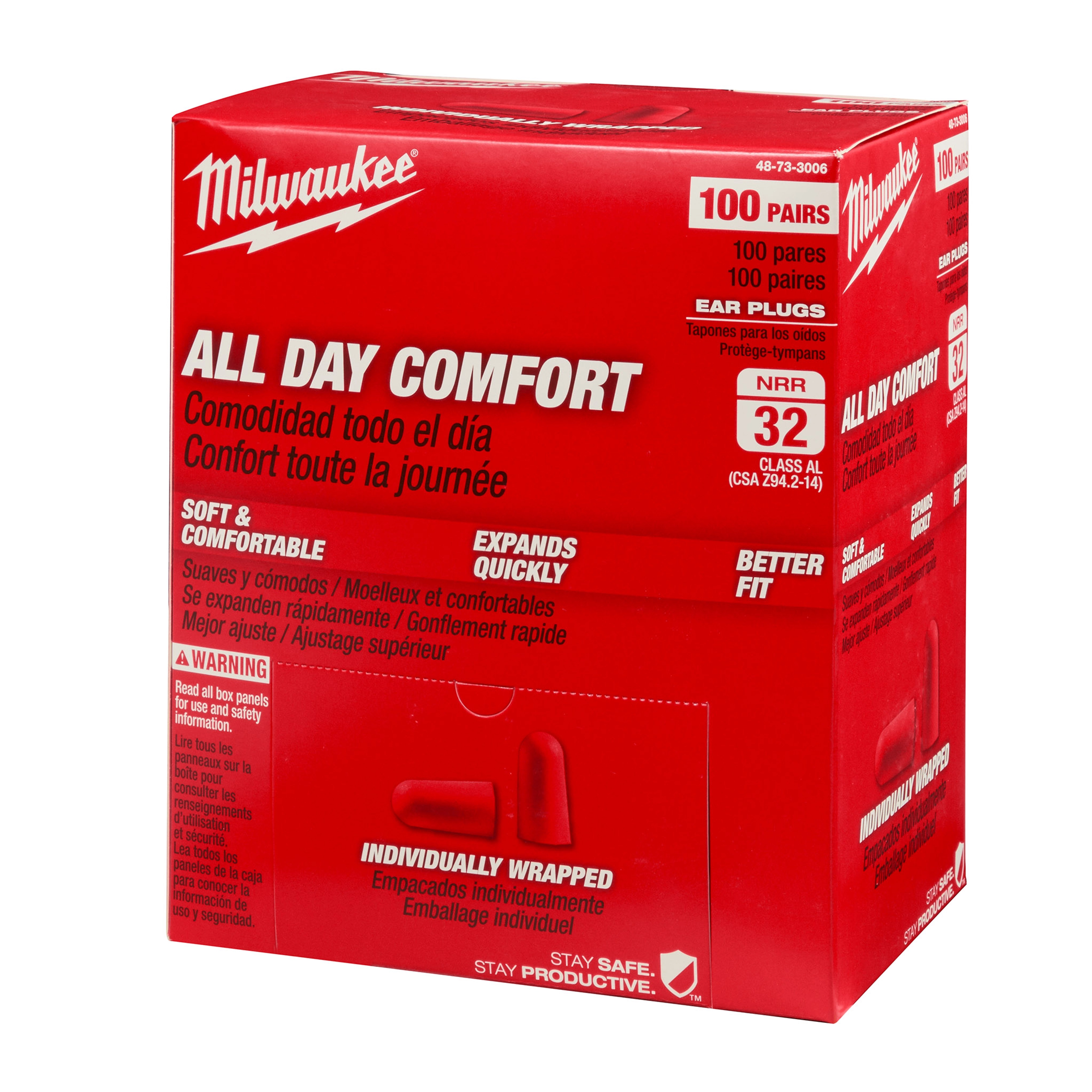 A red box of 100 pairs of Ear Plugs, All Day Comfort, offering 32 NRR. The box features soft, comfortable, and individually wrapped ear plugs.