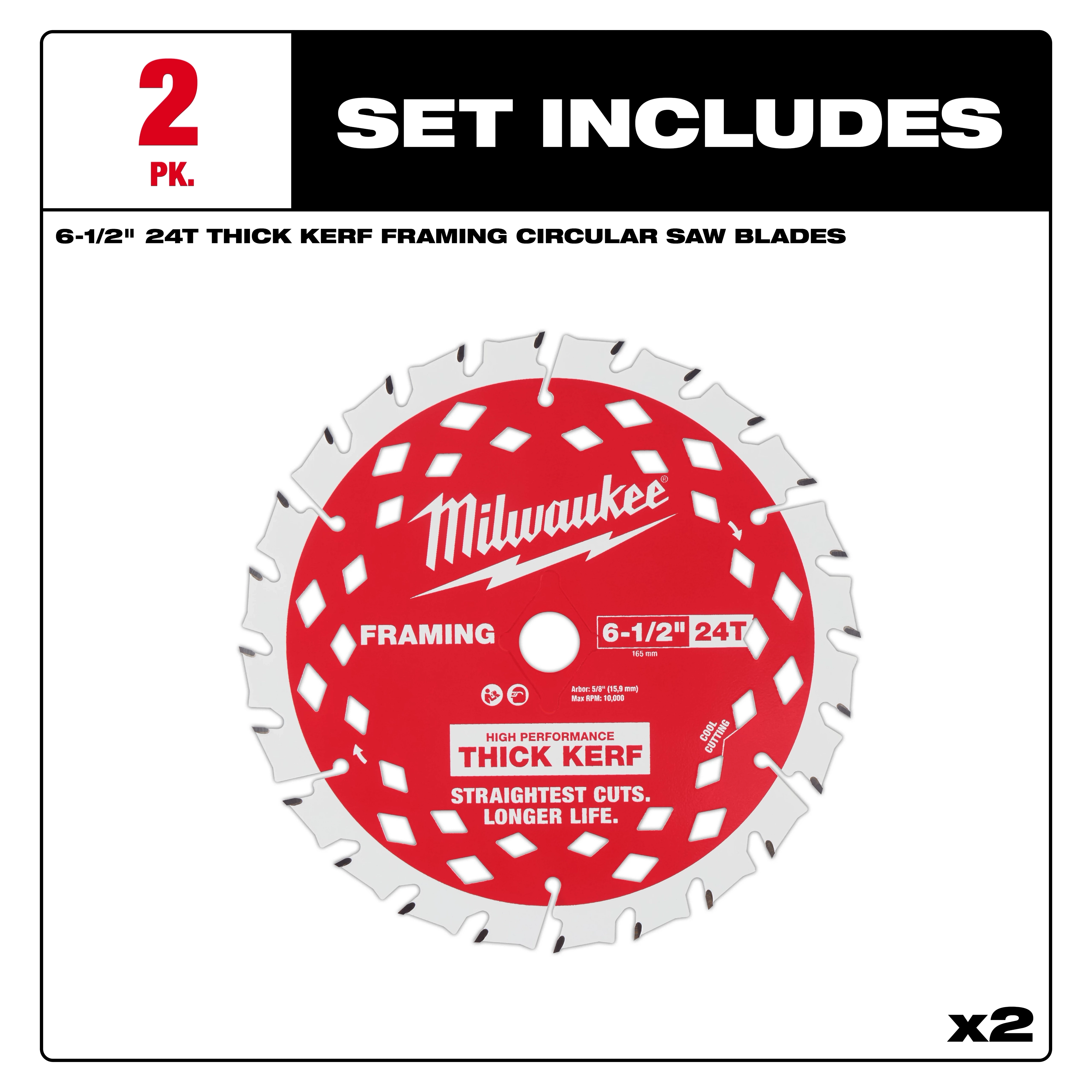 Packaging displaying a 2-pack of the Milwaukee 6-1/2” 24T Thick Kerf Framing Circular Saw Blade with a red blade graphic.