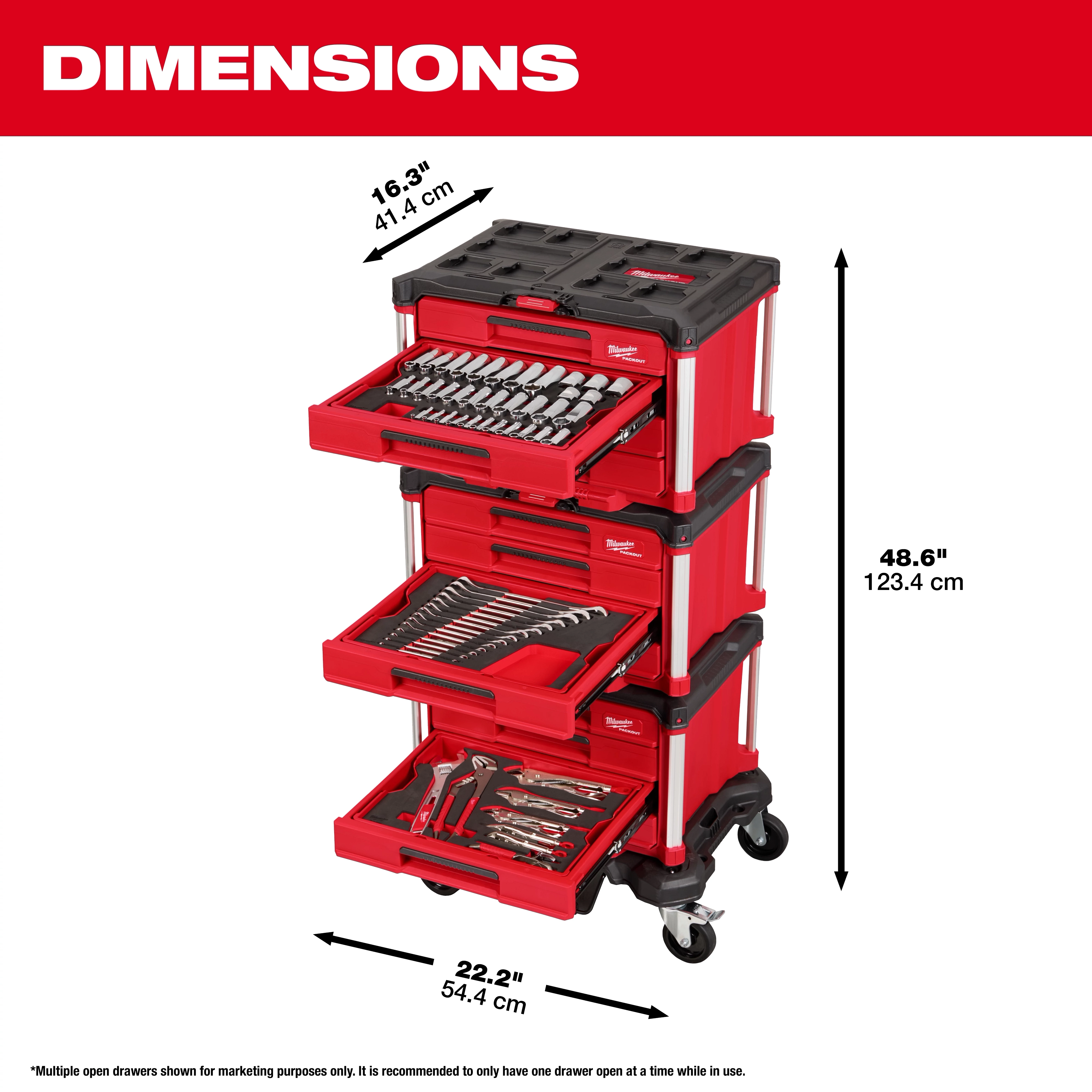 The 366pc. Master Mechanics Hand Tool Set with PACKOUT™ Drawers and Dolly includes stacked red tool drawers on a wheeled dolly. Dimensions shown are 48.6 inches high, 22.2 inches wide, and 16.3 inches deep. Drawers contain various tools such as wrenches, sockets, and screwdrivers.