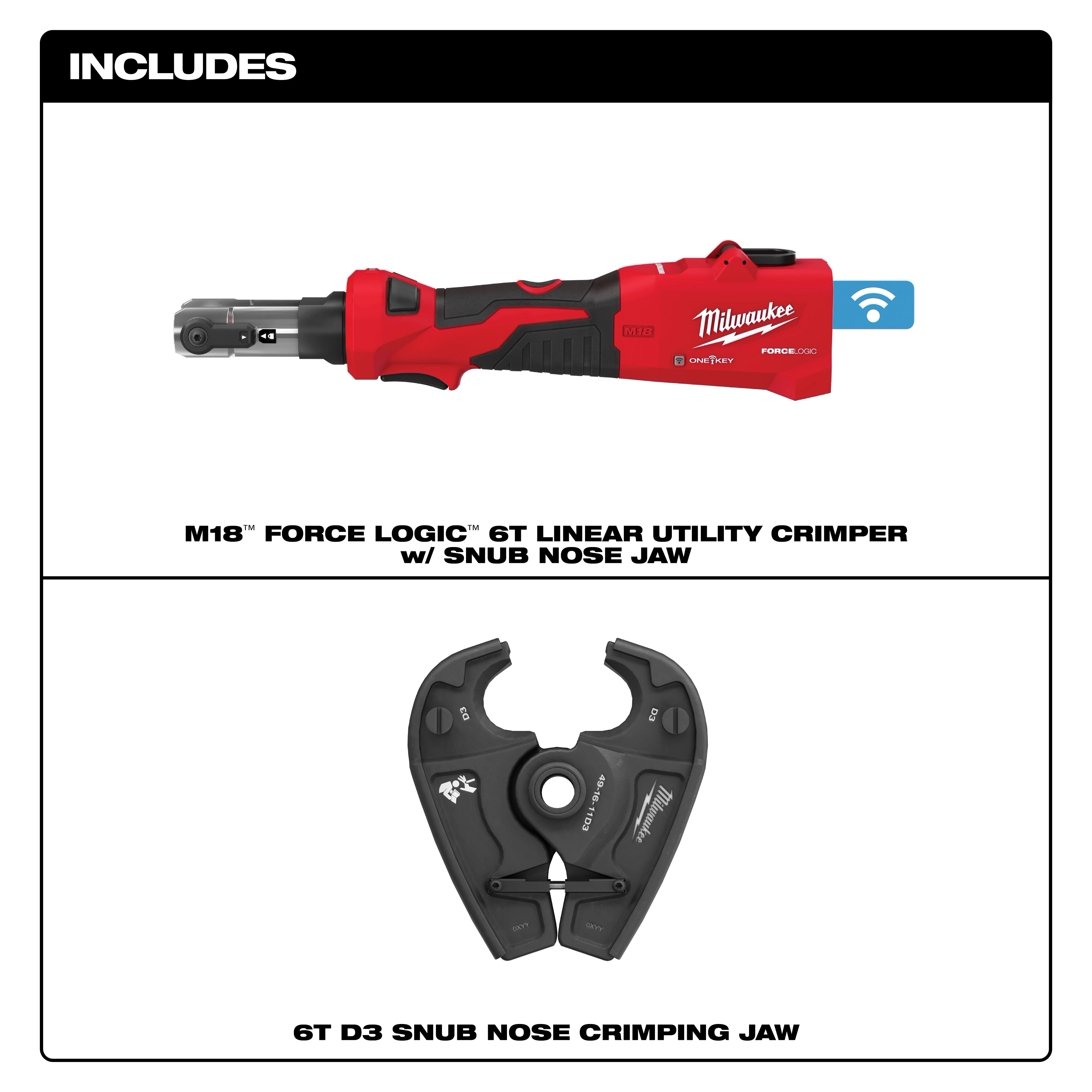 The image features the M18 Force Logic 6T Linear Utility Crimper with Snub Nose Jaw, and the 6T D3 Snub Nose Crimping Jaw. The crimper is red and black with an ergonomic handle, while the jaw is dark gray with labeling indicating 6T D3 and other specifications.