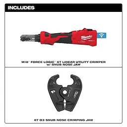 The image features the M18 Force Logic 6T Linear Utility Crimper with Snub Nose Jaw, and the 6T D3 Snub Nose Crimping Jaw. The crimper is red and black with an ergonomic handle, while the jaw is dark gray with labeling indicating 6T D3 and other specifications.