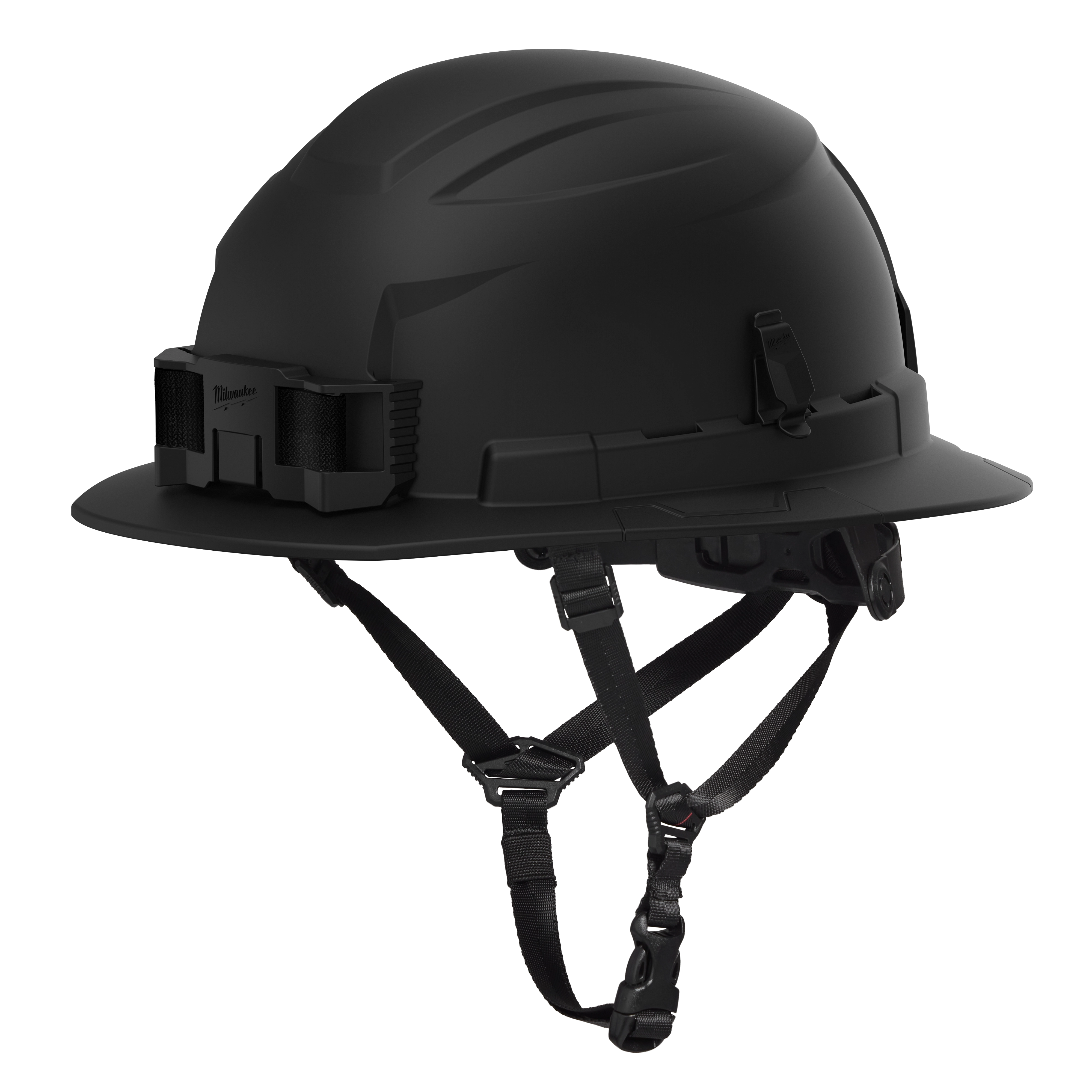The BOLT™ Black Full Brim Safety Helmet features a 4-point ratcheting suspension designed for optimal protection and comfort. It is classified as Type 2, Class E, offering electrical insulation and impact resistance. The helmet includes adjustable straps and attachment points for tools and accessories.