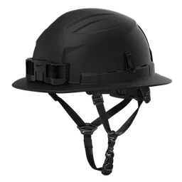 The BOLT™ Black Full Brim Safety Helmet features a 4-point ratcheting suspension designed for optimal protection and comfort. It is classified as Type 2, Class E, offering electrical insulation and impact resistance. The helmet includes adjustable straps and attachment points for tools and accessories.