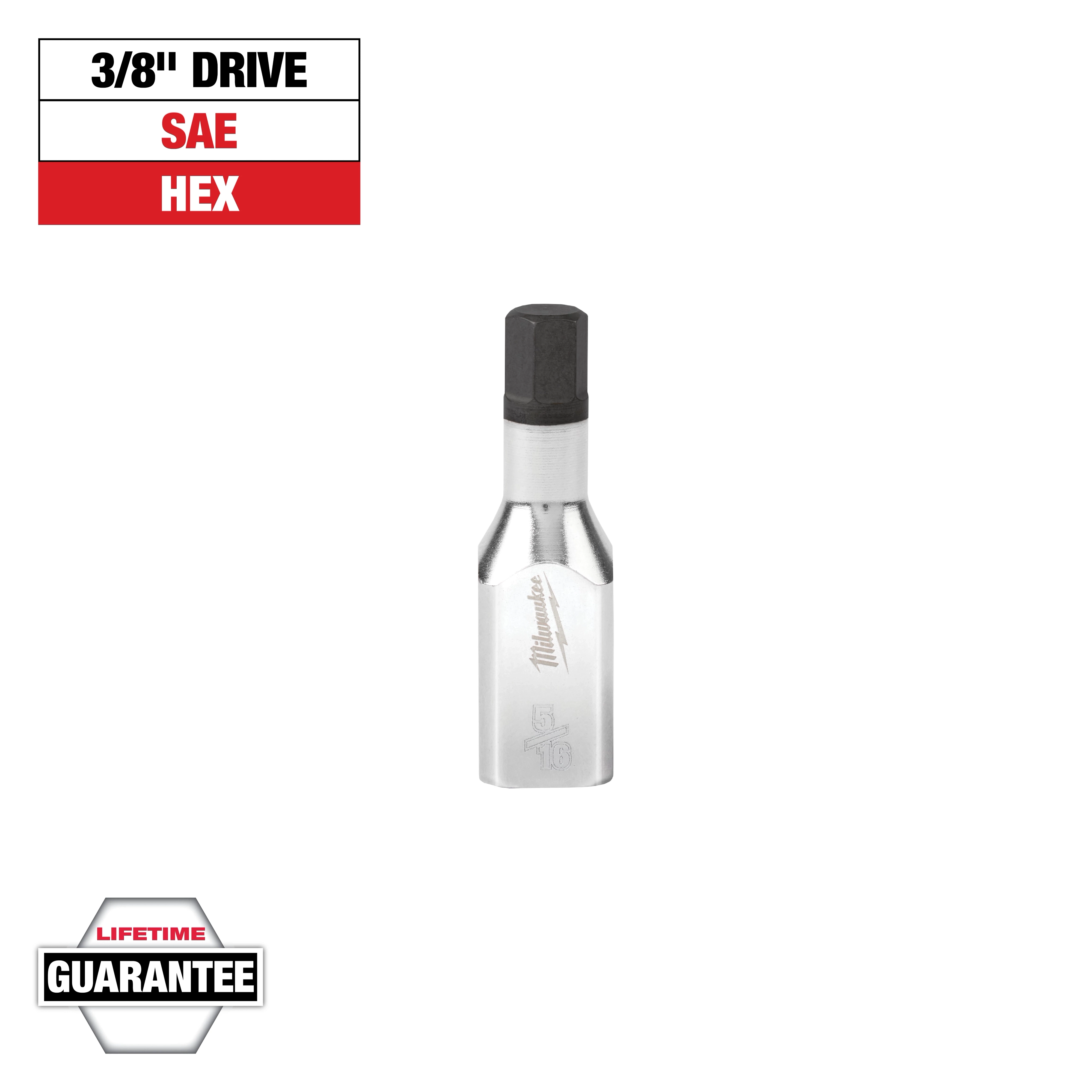 This image shows a 3/8" drive SAE hex bit socket by Milwaukee. The hex socket is silver with a black hex bit and has the Milwaukee logo. Text labels indicate "3/8" Drive", "SAE", "HEX", and a "Lifetime Guarantee". The background is white.