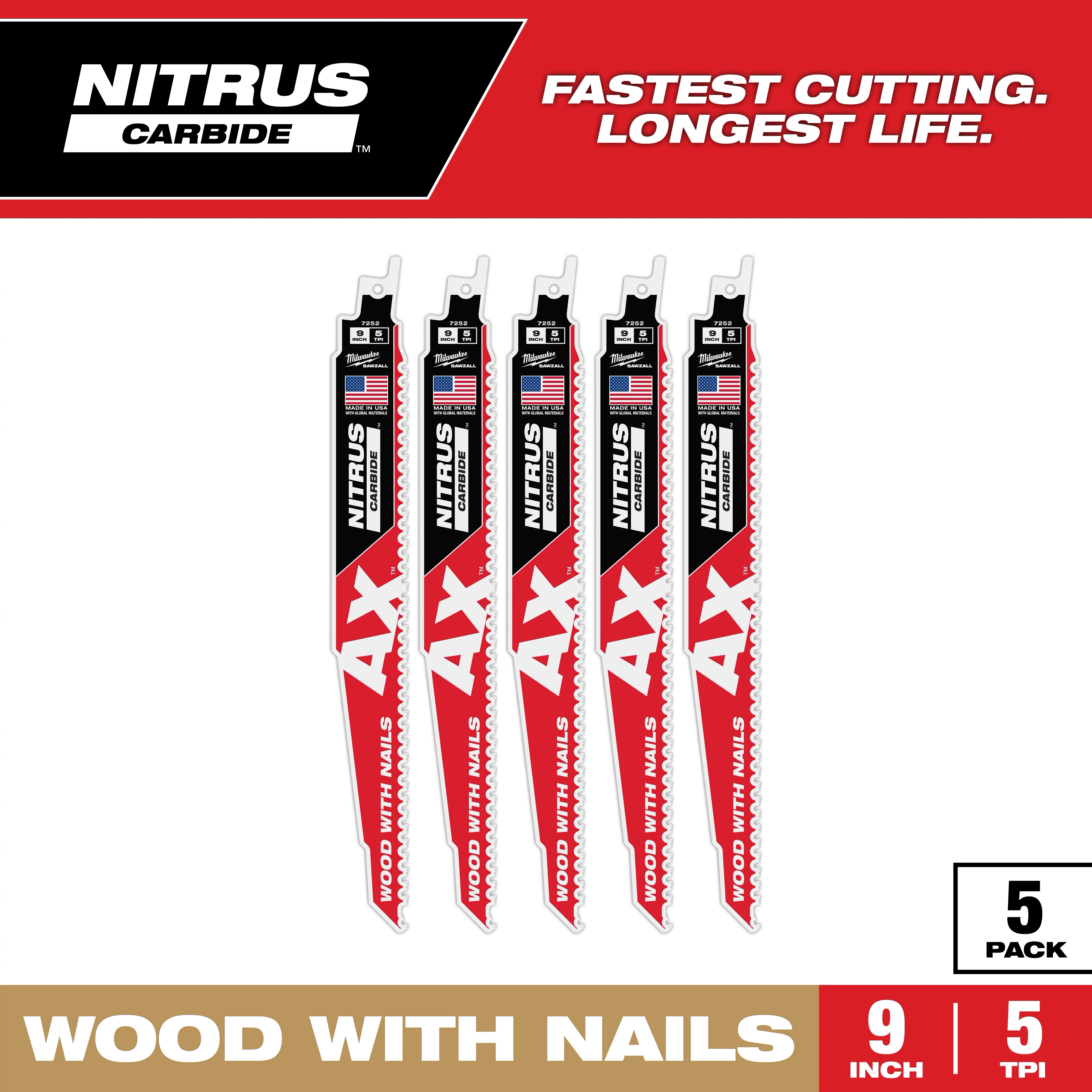 9" 5 TPI AX w/NITRUS Carbide Teeth SAWZALL Blade for Wood with Nails, 5PK. Blade has red and black design, USA flag emblem.