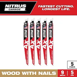 9" 5 TPI AX w/NITRUS Carbide Teeth SAWZALL Blade for Wood with Nails, 5PK. Blade has red and black design, USA flag emblem.