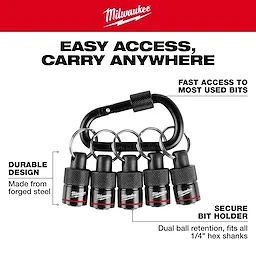 Milwaukee 5PC Bit Holder with Carabiner features five bit holders attached to a black carabiner. The bit holders are made from forged steel and designed for 1/4" hex shanks with dual ball retention. Product emphasizes easy access and portability.