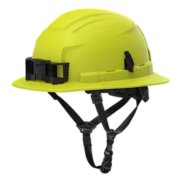 BOLT™ Hi-Viz Green Full Brim Safety Helmet with 4pt Ratcheting Suspension – Type 2, Class E. Bright green hard hat features a full brim for added protection, adjustable ratcheting suspension system, and chin strap for secure fit. Designed for high visibility and electrical safety.
