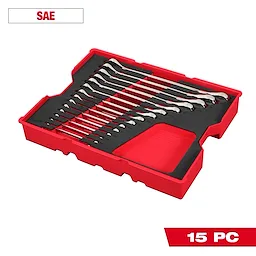 The 15pc. SAE Ratcheting Combination Wrench Set with Tray for PACKOUT™ Drawers includes 15 wrenches in a red and black tray, designed to fit PACKOUT™ drawers.