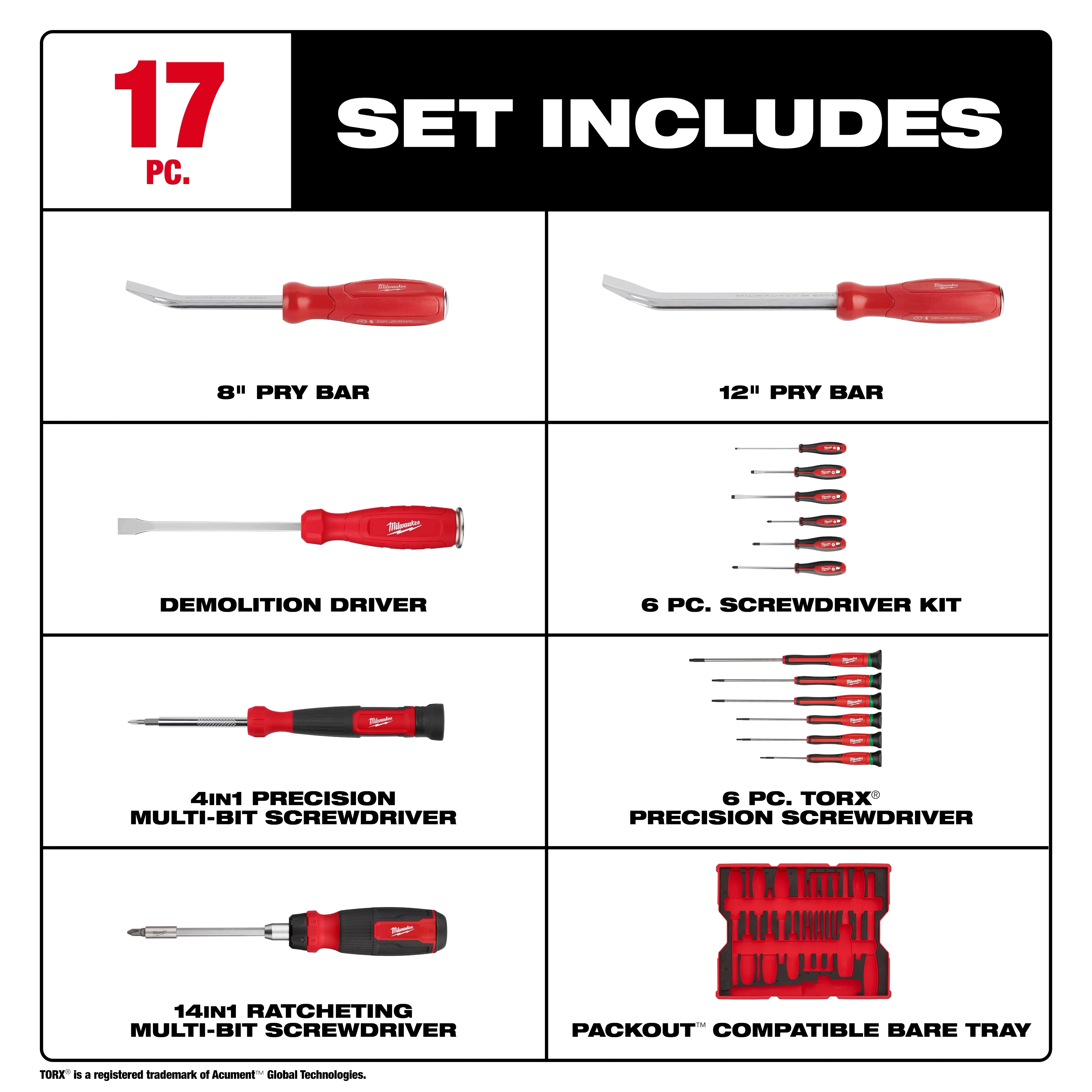 The image displays the 17pc. Screwdriver & Pry Bar Set with Tray for PACKOUT™ Drawers. It includes two pry bars, a demolition driver, six screwdrivers, a 4-in-1 precision screwdriver, a 6-piece Torx® precision set, a 14-in-1 ratcheting screwdriver, and a PACKOUT™ compatible tray.