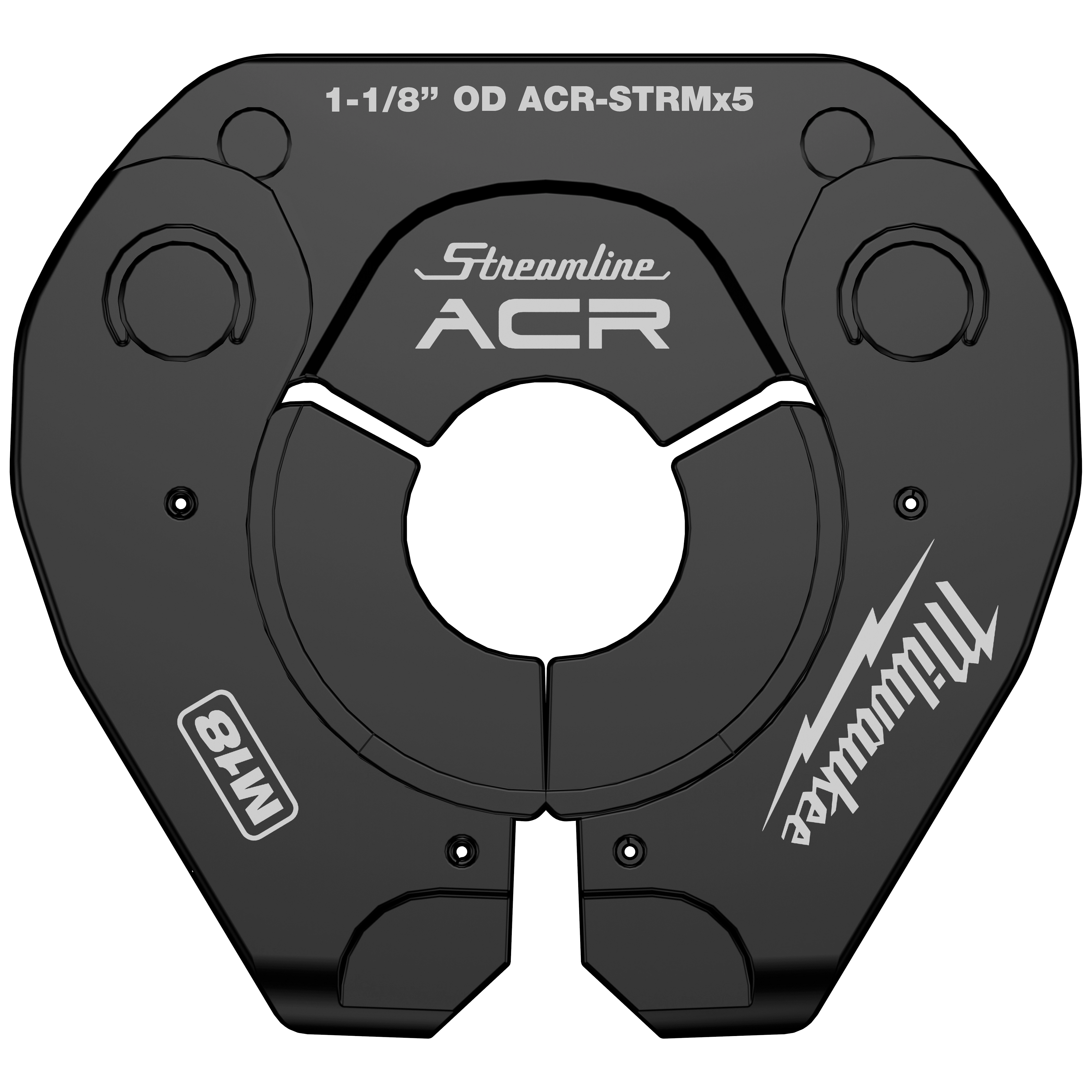 The 1-1/8" Streamline® ACR Pivoting Press Ring by Milwaukee is a black, circular tool with "Streamline ACR" and "Milwaukee" logo print, designed for press fittings.