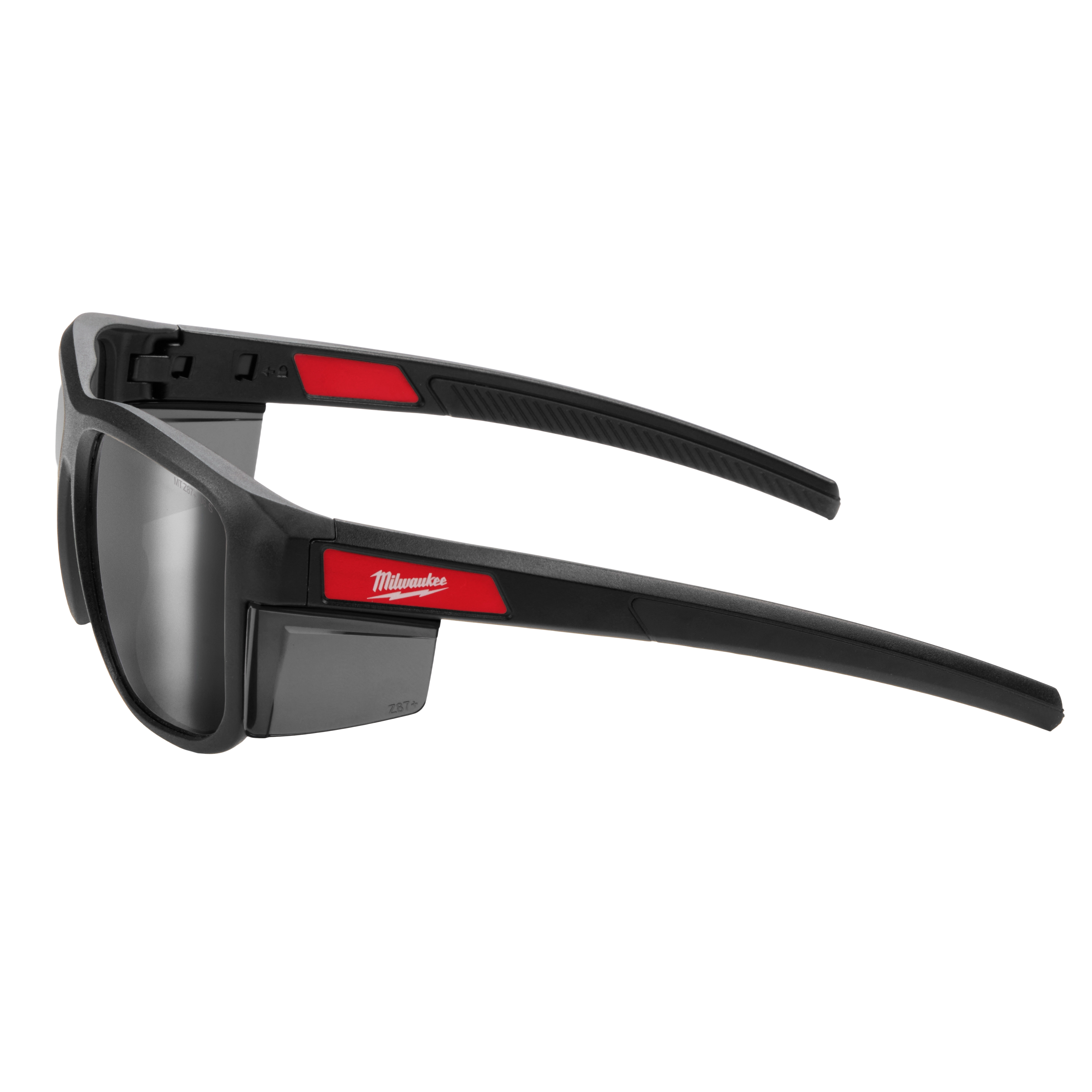 Full Frame Safety Glasses with Removable Side Shields feature silver mirrored anti-scratch lenses. The frame is black with red accents and includes logo branding on the arms. The side shields are detachable, providing versatility and additional protection for various working conditions.