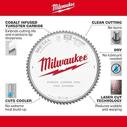 Milwaukee 48-40-4505 Walkaround 14-inch 72-tooth saw blade with features for cool cutting, clean cuts, and dry operation.