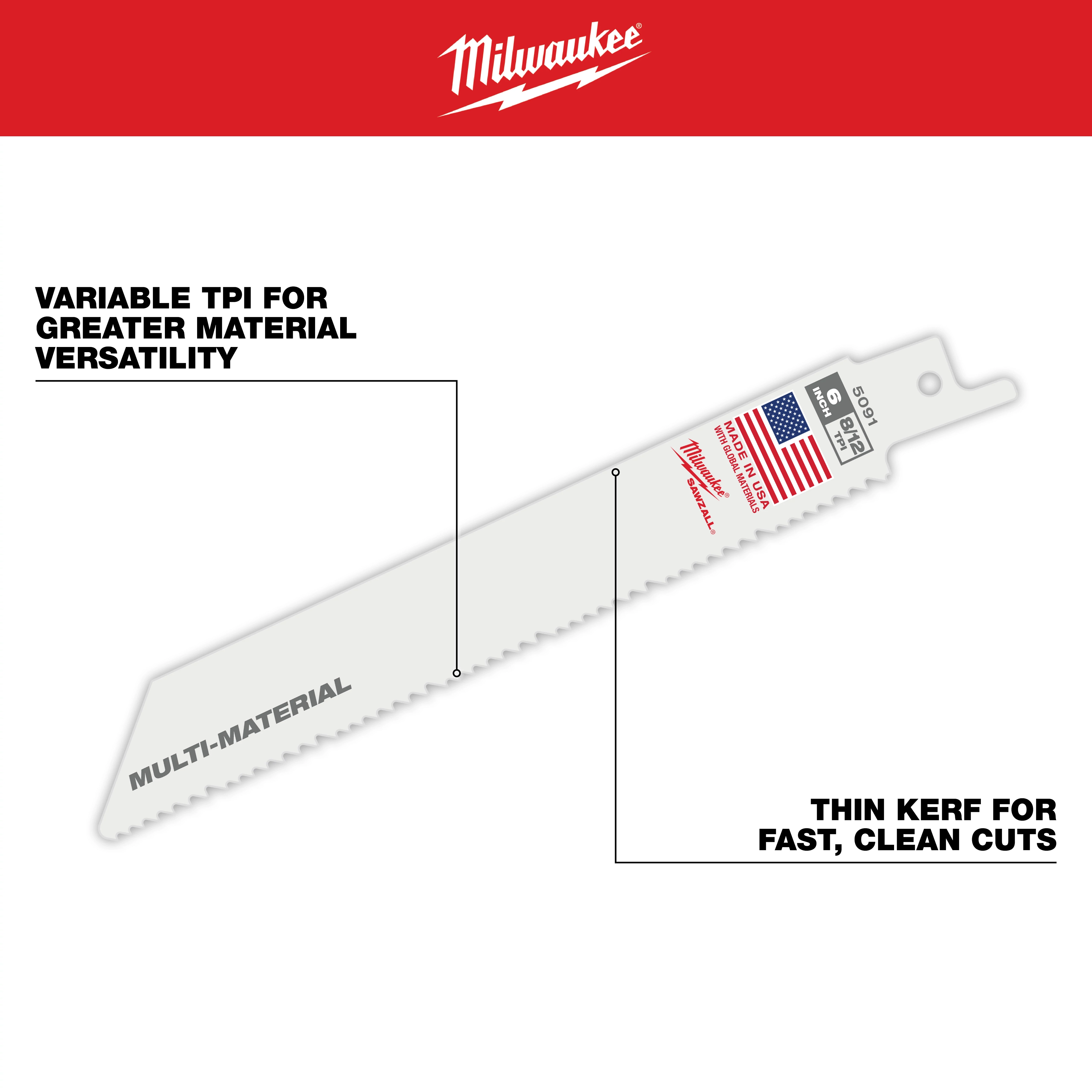 SAWZALL Multi-Material Blades feature variable TPI for versatility and a thin kerf for fast, clean cuts.