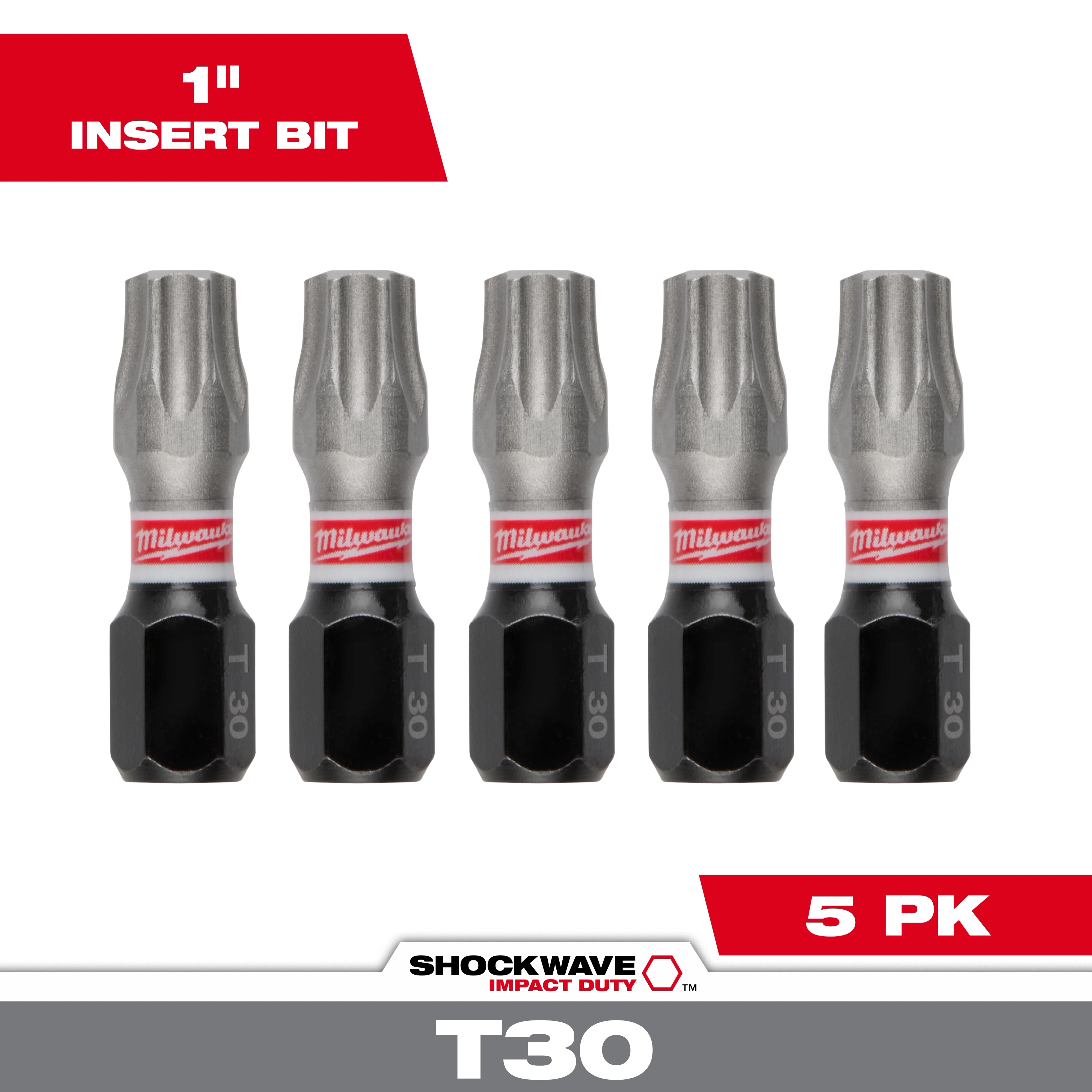 This image shows a pack of five SHOCKWAVE™ Impact Duty 1" TORX® T30 Insert Bits by Milwaukee. The bits are metallic with black bases labeled "T30" and are displayed in a single row. The text highlights "1" Insert Bit" and "5 PK."