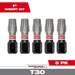 This image shows a pack of five SHOCKWAVE™ Impact Duty 1" TORX® T30 Insert Bits by Milwaukee. The bits are metallic with black bases labeled "T30" and are displayed in a single row. The text highlights "1" Insert Bit" and "5 PK."