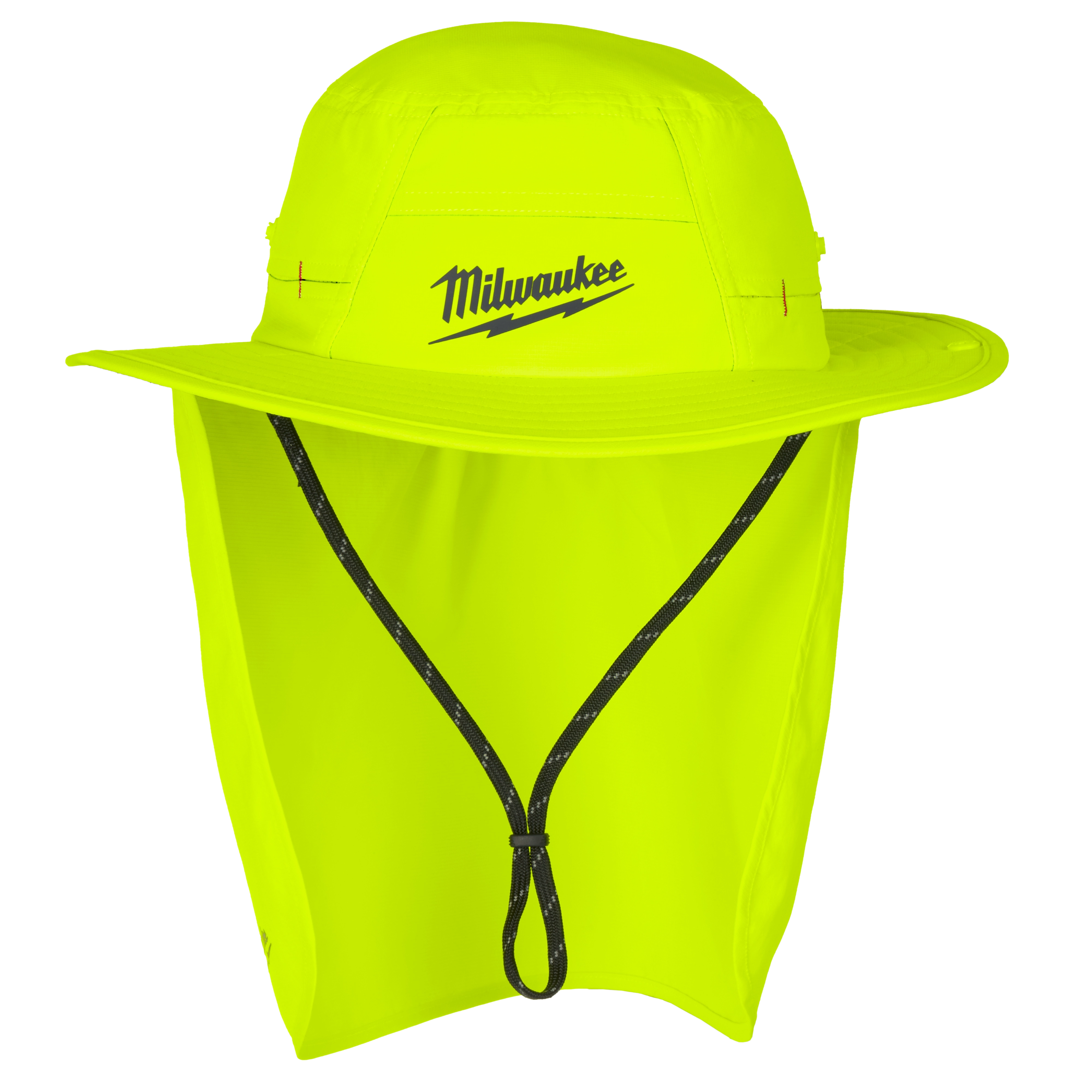 The WORKSKIN™ Sunshade Hat is a bright yellow, wide-brim hat with a neck shade and a black adjustable chin strap. The hat features the Milwaukee logo on the front.