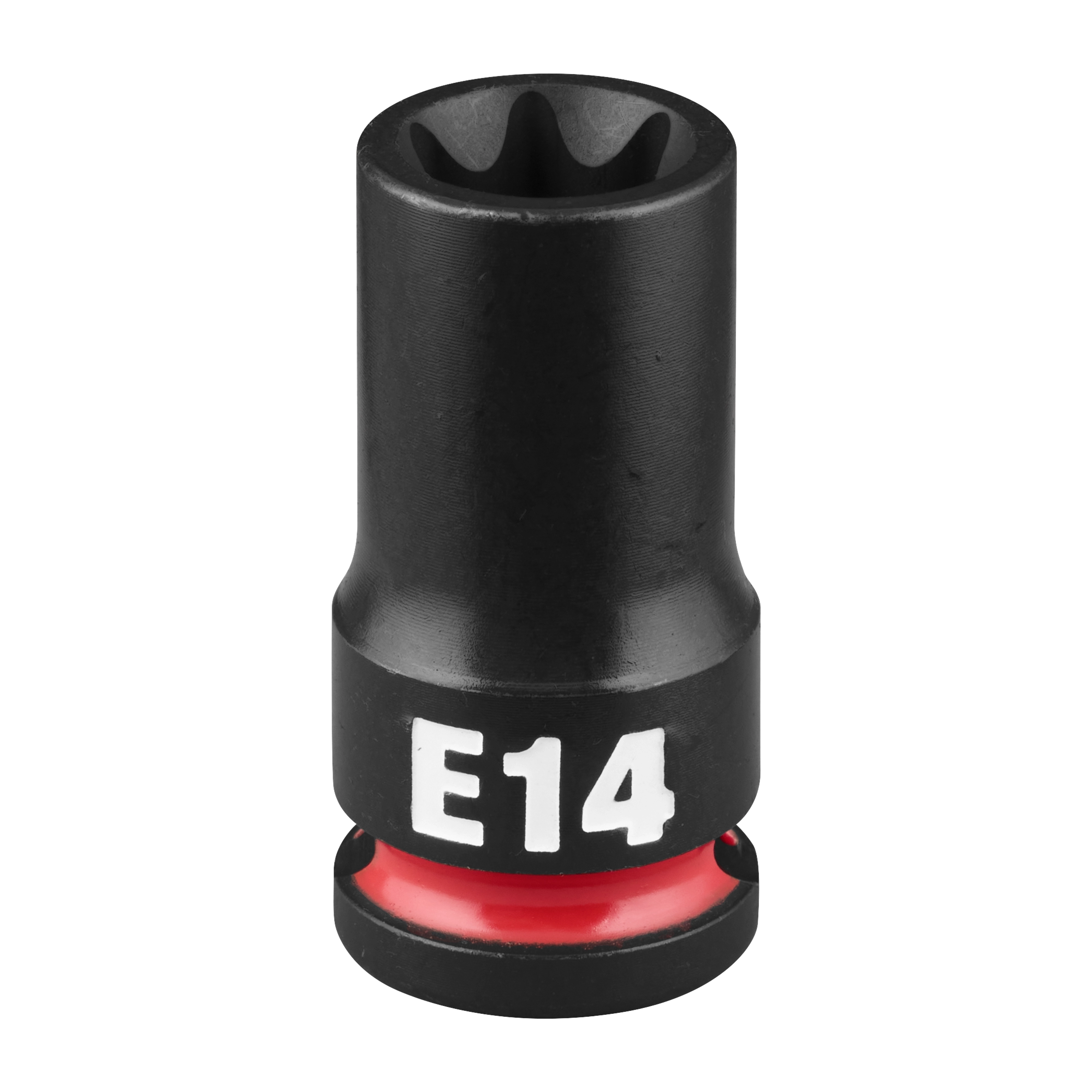 The SHOCKWAVE Impact Duty 3/8" Drive E-Torx E14 Bit Socket is a black, cylindrical tool with a red ring near its base. The socket is labeled "E14" in white text near the lower part.