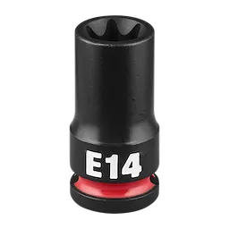 The SHOCKWAVE Impact Duty 3/8" Drive E-Torx E14 Bit Socket is a black, cylindrical tool with a red ring near its base. The socket is labeled "E14" in white text near the lower part.