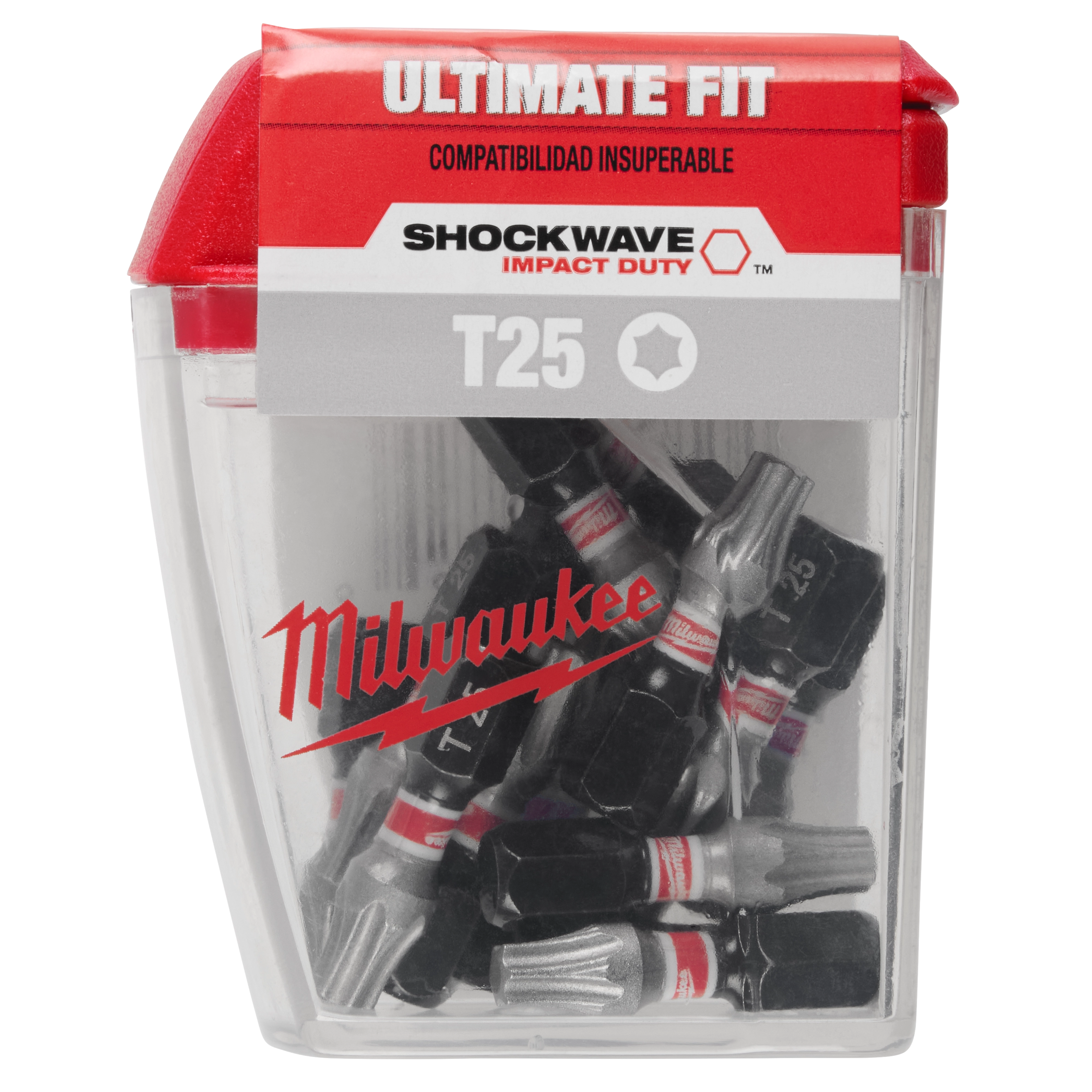 The image shows a clear plastic container of Milwaukee T25 Shockwave Impact Duty bits. The container has a red top labeled "Ultimate Fit" and "Compatibilidad Insuperable." Inside, several bits with black and red markings are visible.