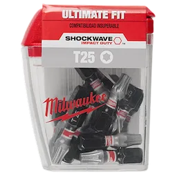 The image shows a clear plastic container of Milwaukee T25 Shockwave Impact Duty bits. The container has a red top labeled "Ultimate Fit" and "Compatibilidad Insuperable." Inside, several bits with black and red markings are visible.