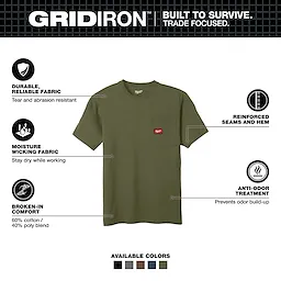 GRIDIRON Pocket T-Shirt - Short Sleeve in olive green, with features including durable fabric, moisture-wicking, reinforced seams, and anti-odor treatment.