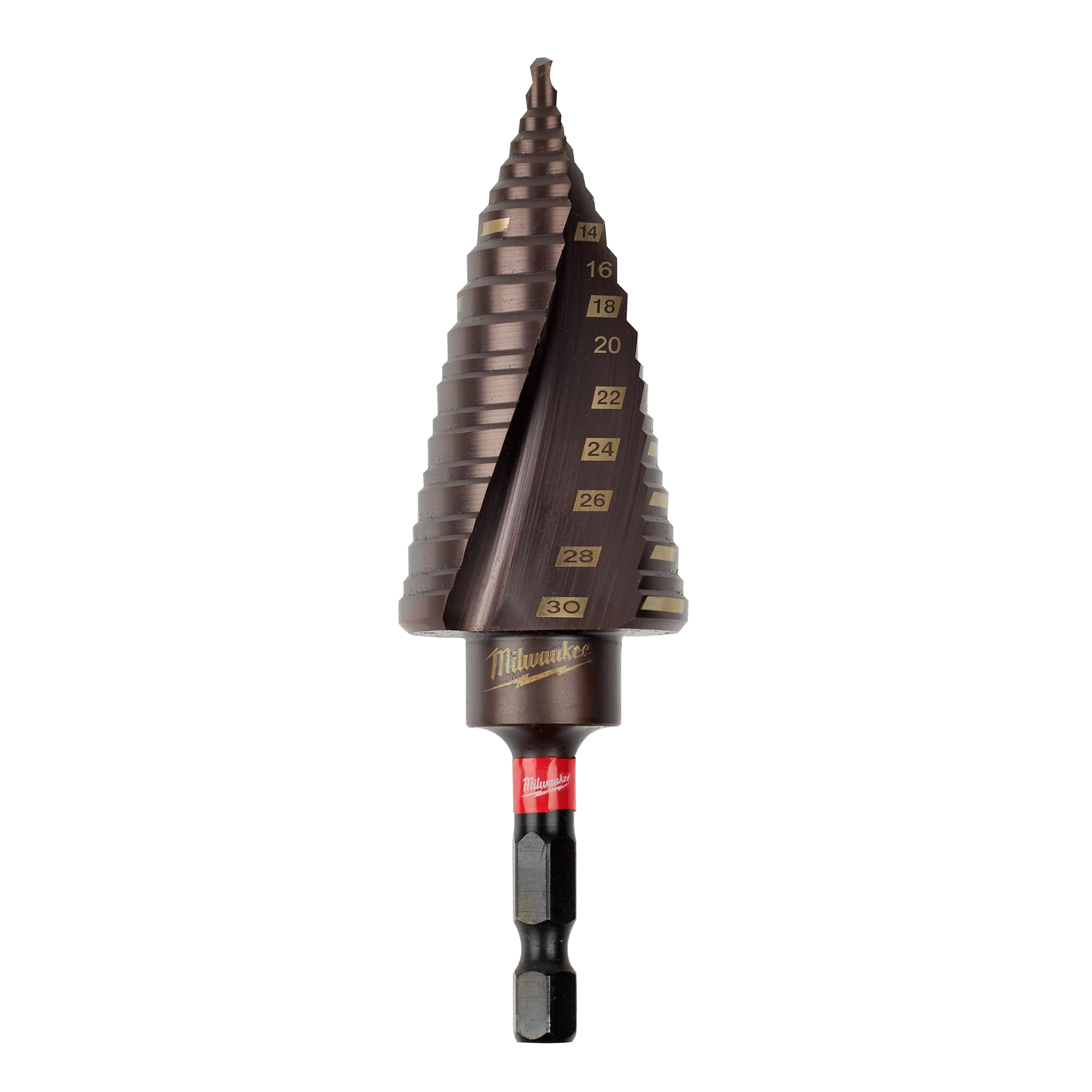 SHOCKWAVE Impact Duty Metric Step Bit 4-30mm, conical-shaped with marked measurements from 4mm to 30mm, features metallic finish and hex shank.