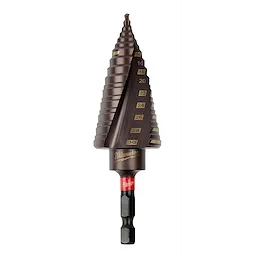 SHOCKWAVE Impact Duty Metric Step Bit 4-30mm, conical-shaped with marked measurements from 4mm to 30mm, features metallic finish and hex shank.