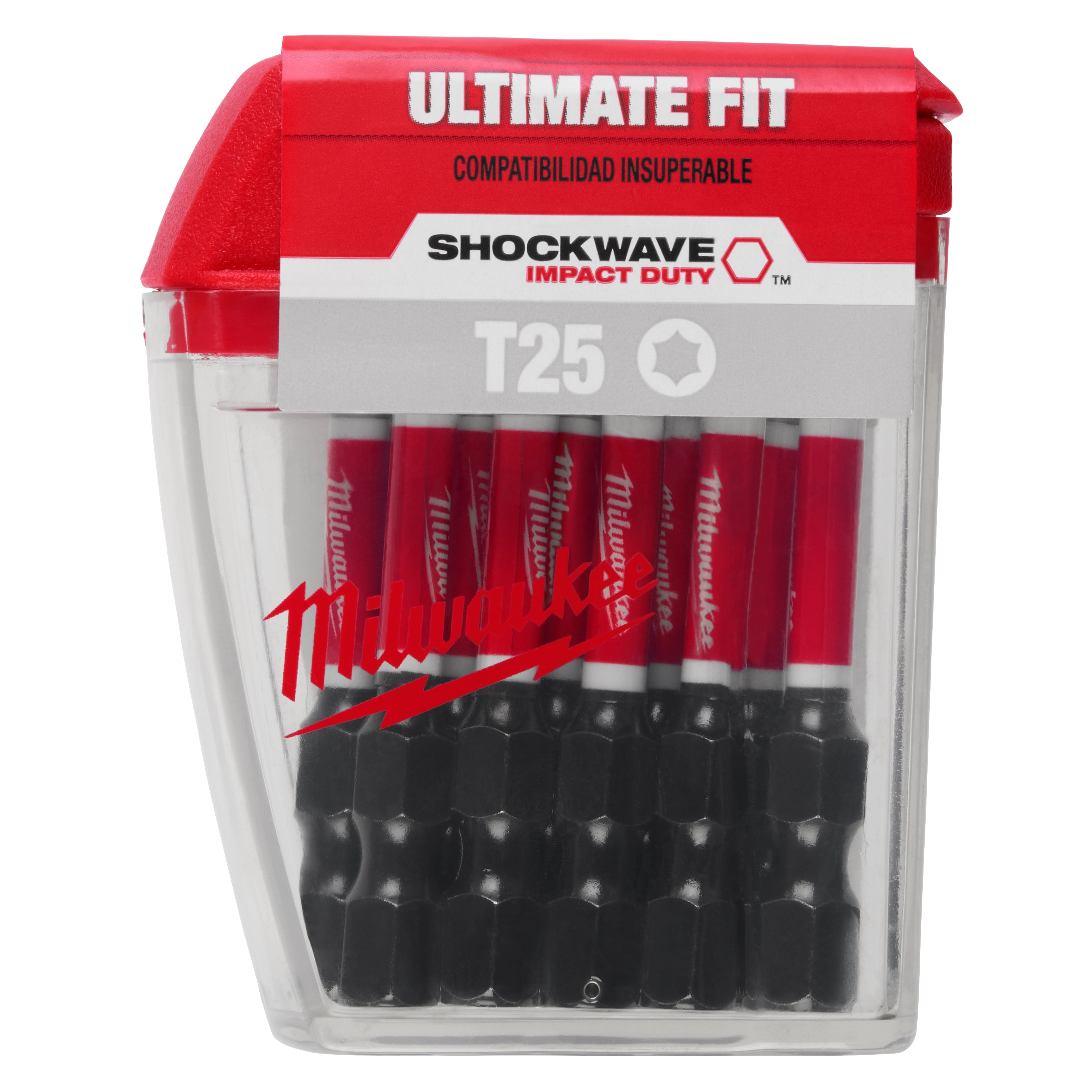 The image shows a pack of SHOCKWAVE™ 2" T25 Impact Bits (15 Contractor PK) by Milwaukee. The bits are housed in a clear plastic container with a red and gray label stating "Ultimate Fit" and "Shockwave Impact Duty."