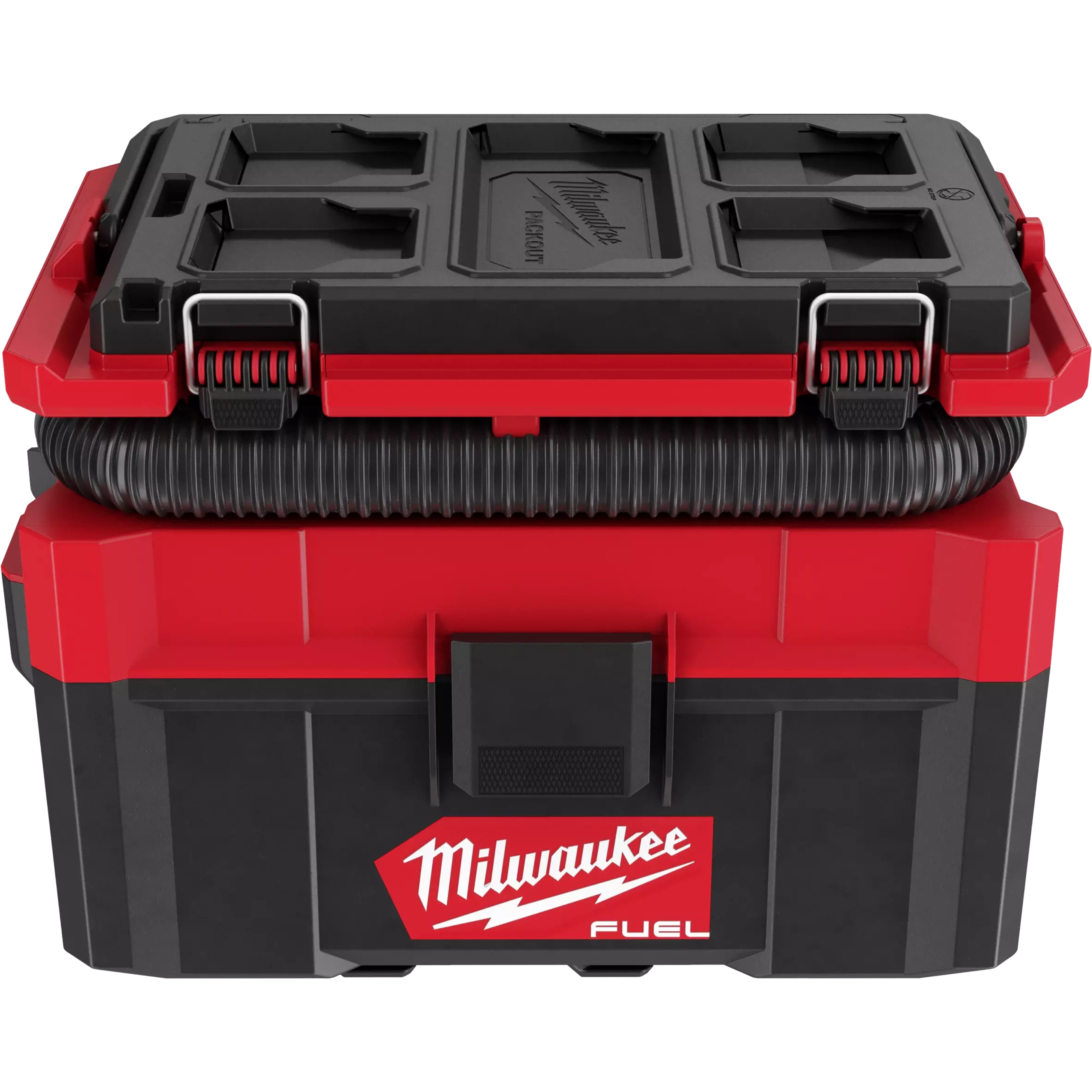 Milwaukee M18 FUEL PACKOUT 2.5 Gallon Wet/Dry Vacuum with a black and red design, secure latches, and storage compartments on top.