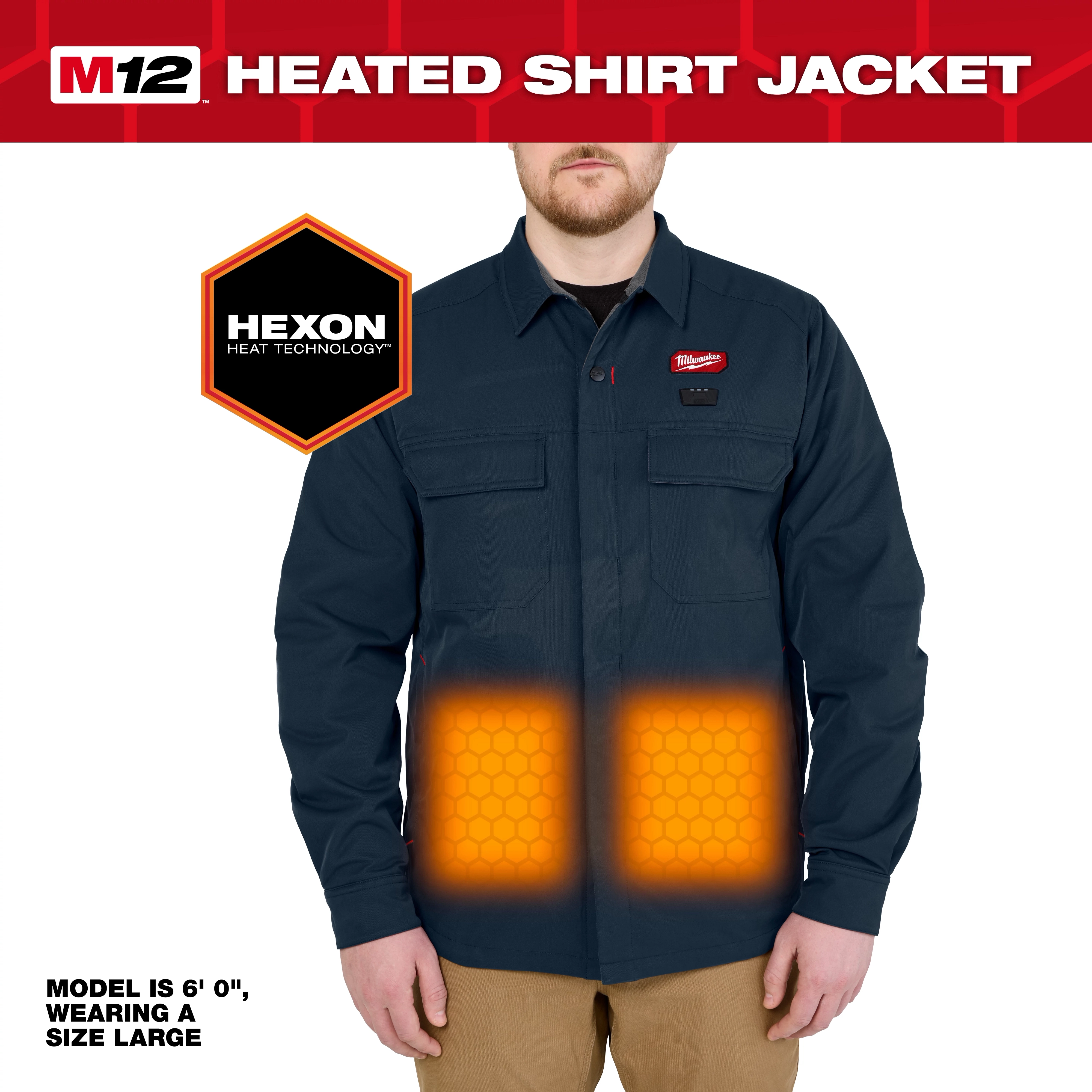 M12 Shirt Jacket - Navy S, M, L, XL, 2X, 3X with glowing heated panels on the lower front.