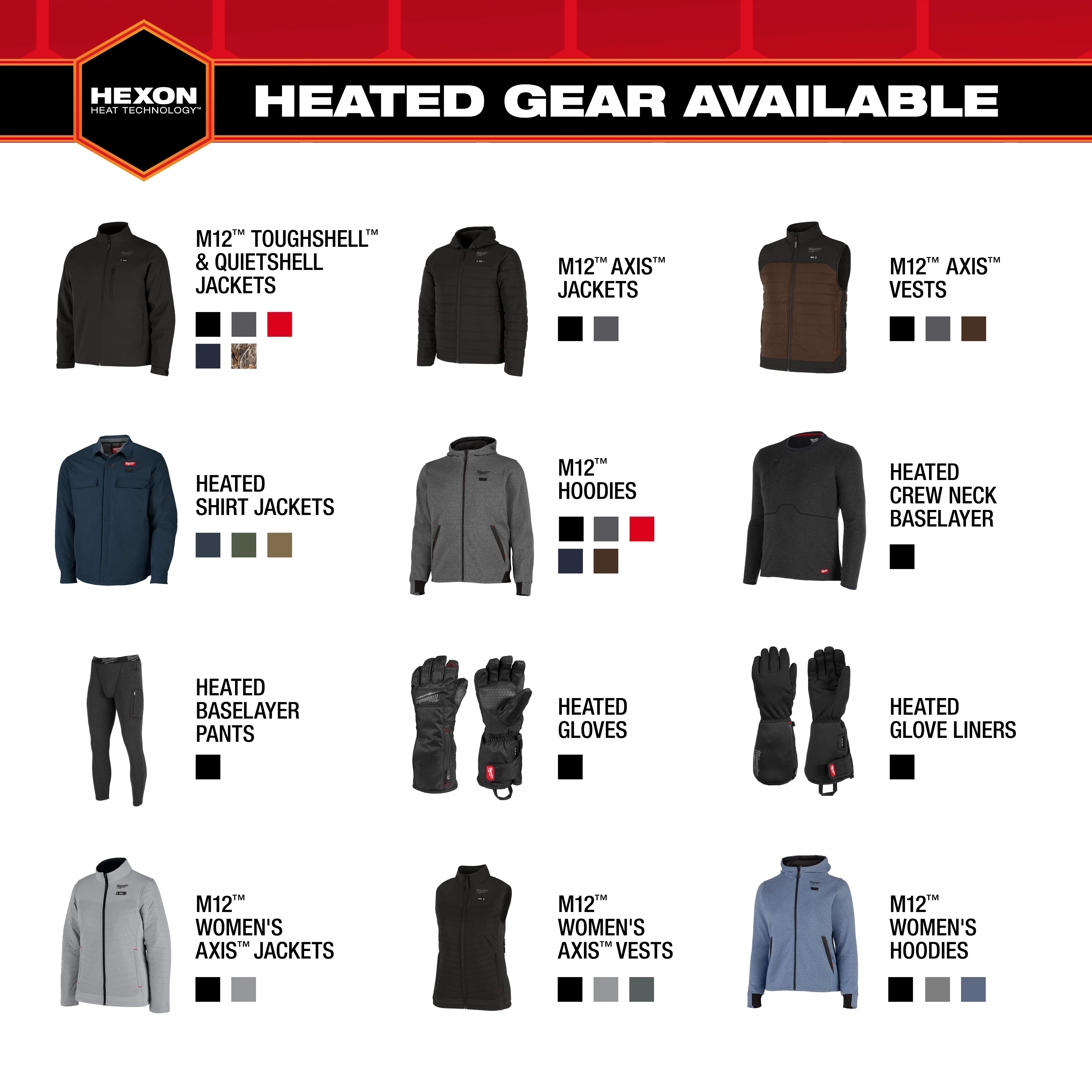 M12 Shirt Jacket - Green 2X to XL, Khaki 2X to XL, and Navy 2X to XL displayed among other heated gear items.