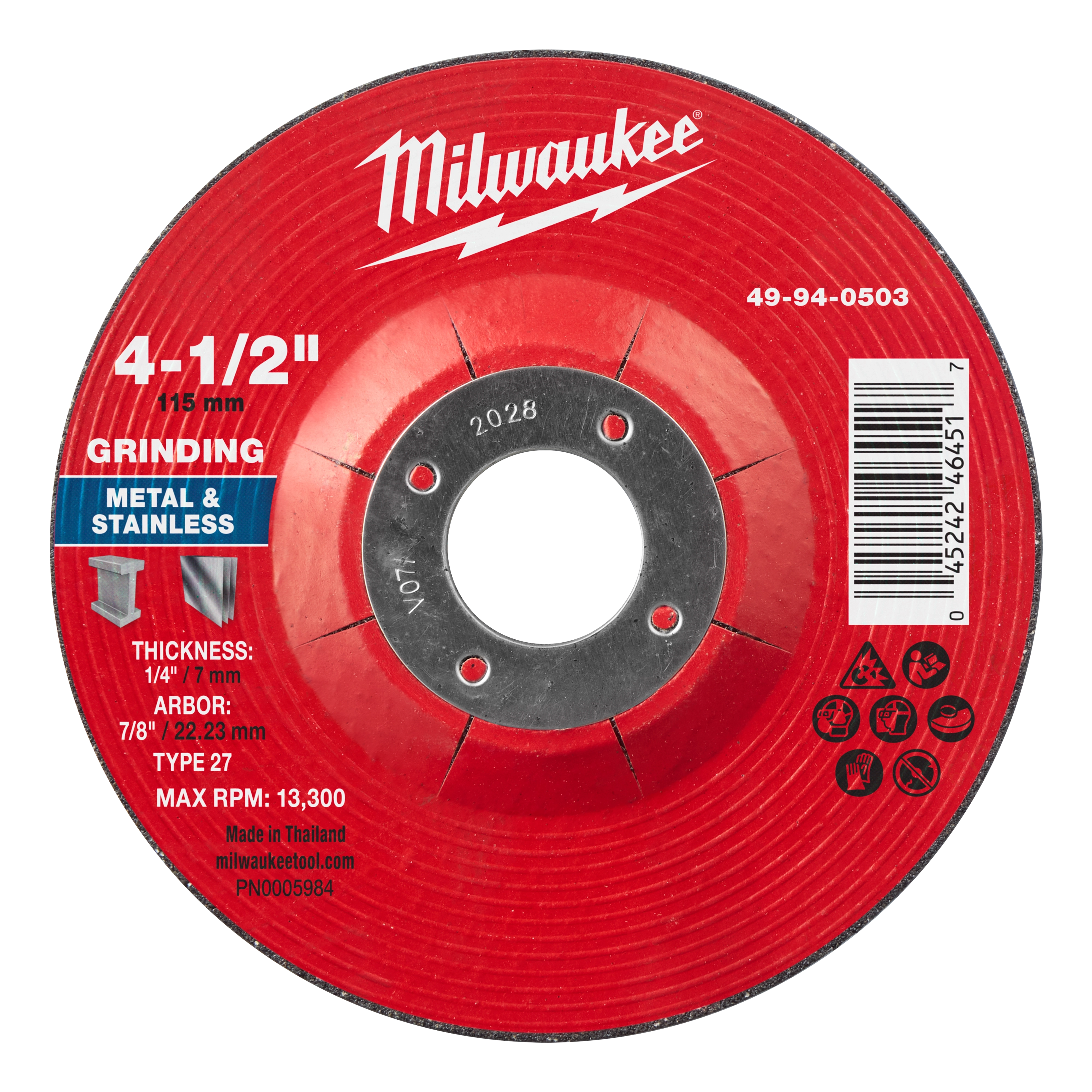 4-1/2" x 1/4" x 7/8" Metal Grinding Wheel - Type 27, red with specifications. Suitable for grinding metal and stainless steel.