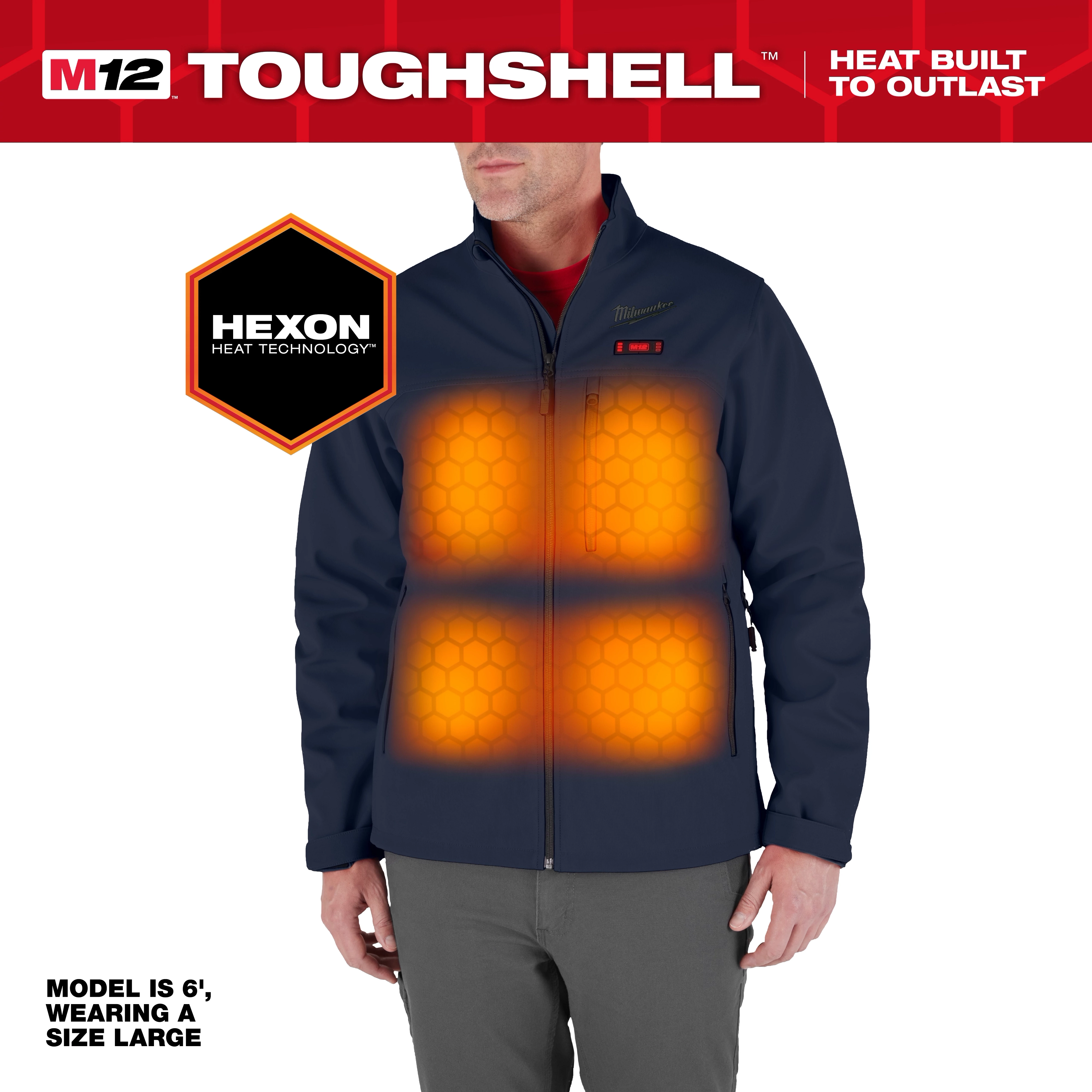 The M12 Heated TOUGHSHELL Jacket features Hexon heat technology and is shown in navy blue on a 6' tall model wearing size large.
