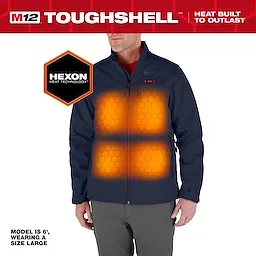 The M12 Heated TOUGHSHELL Jacket features Hexon heat technology and is shown in navy blue on a 6' tall model wearing size large.