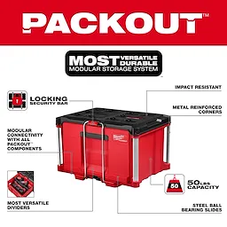 Red PACKOUT Single Drawer Tool Box with black lid, front handle, and labeled feature callouts on a white background.