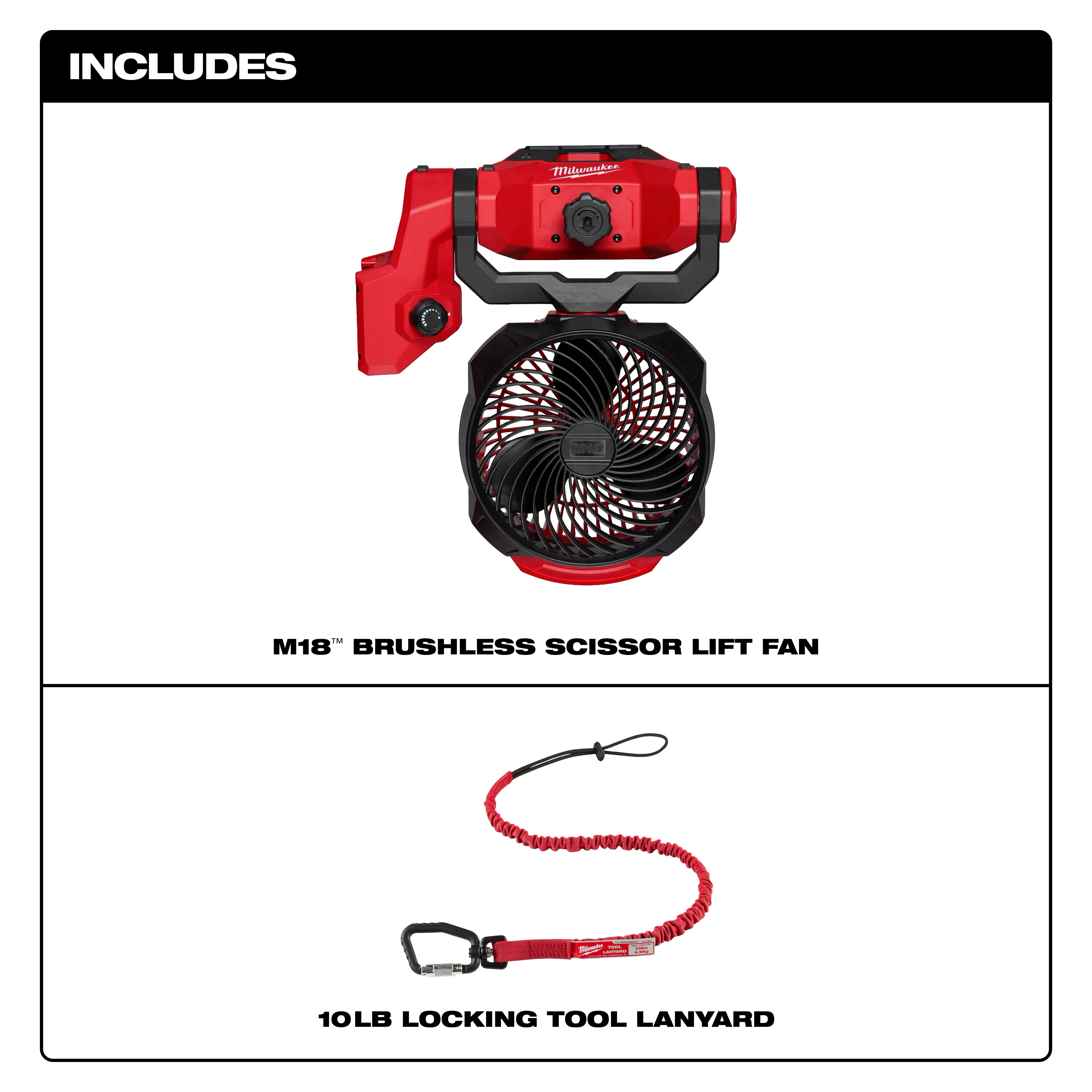 M18 Brushless Scissor Lift Fan with blade grill and red housing, includes a 10lb locking tool lanyard in red and black.