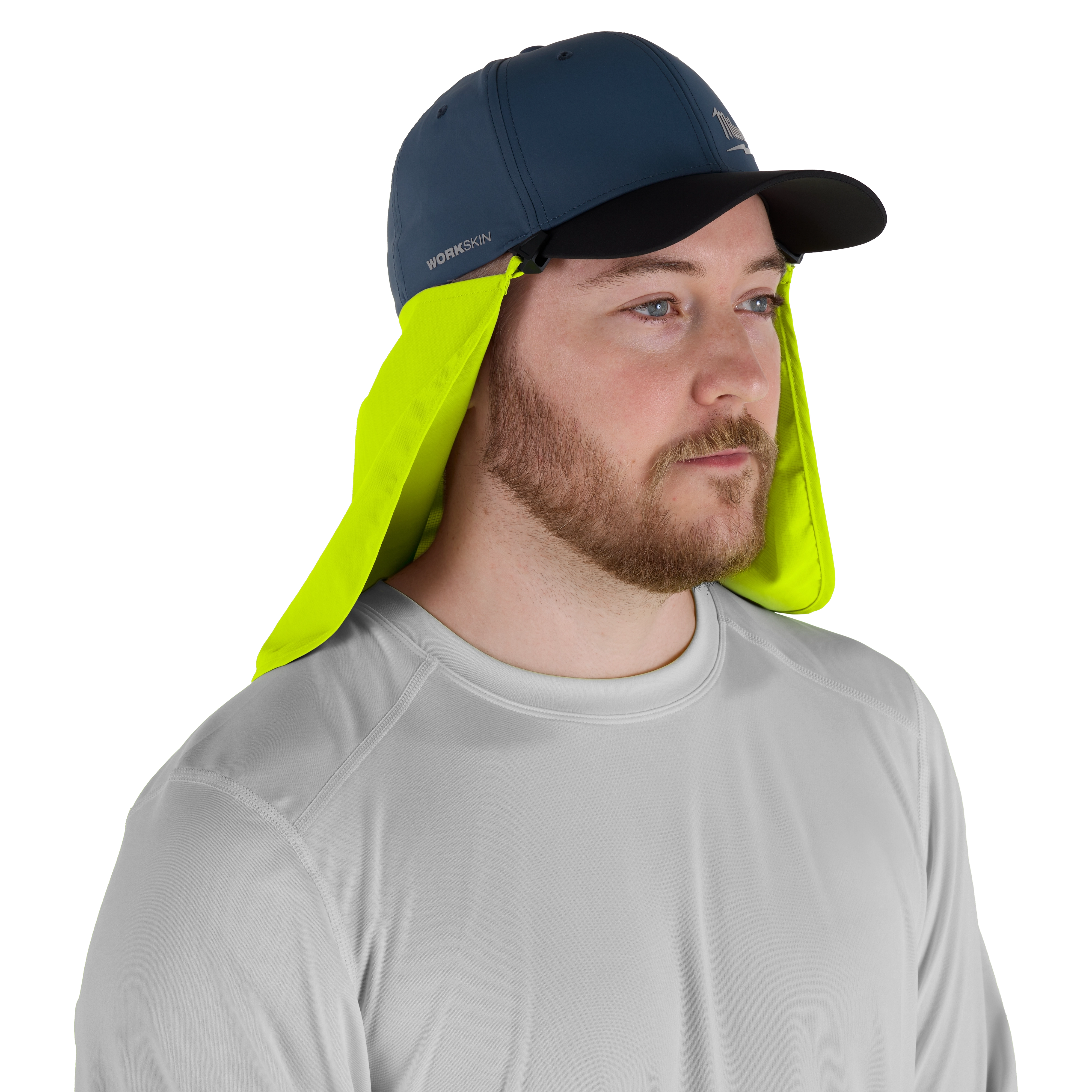 The image features a person wearing a blue cap with a high-visibility yellow flap attached, designed to protect against the sun. The cap has the product name WORKSKIN Sunshade Hat on the side.