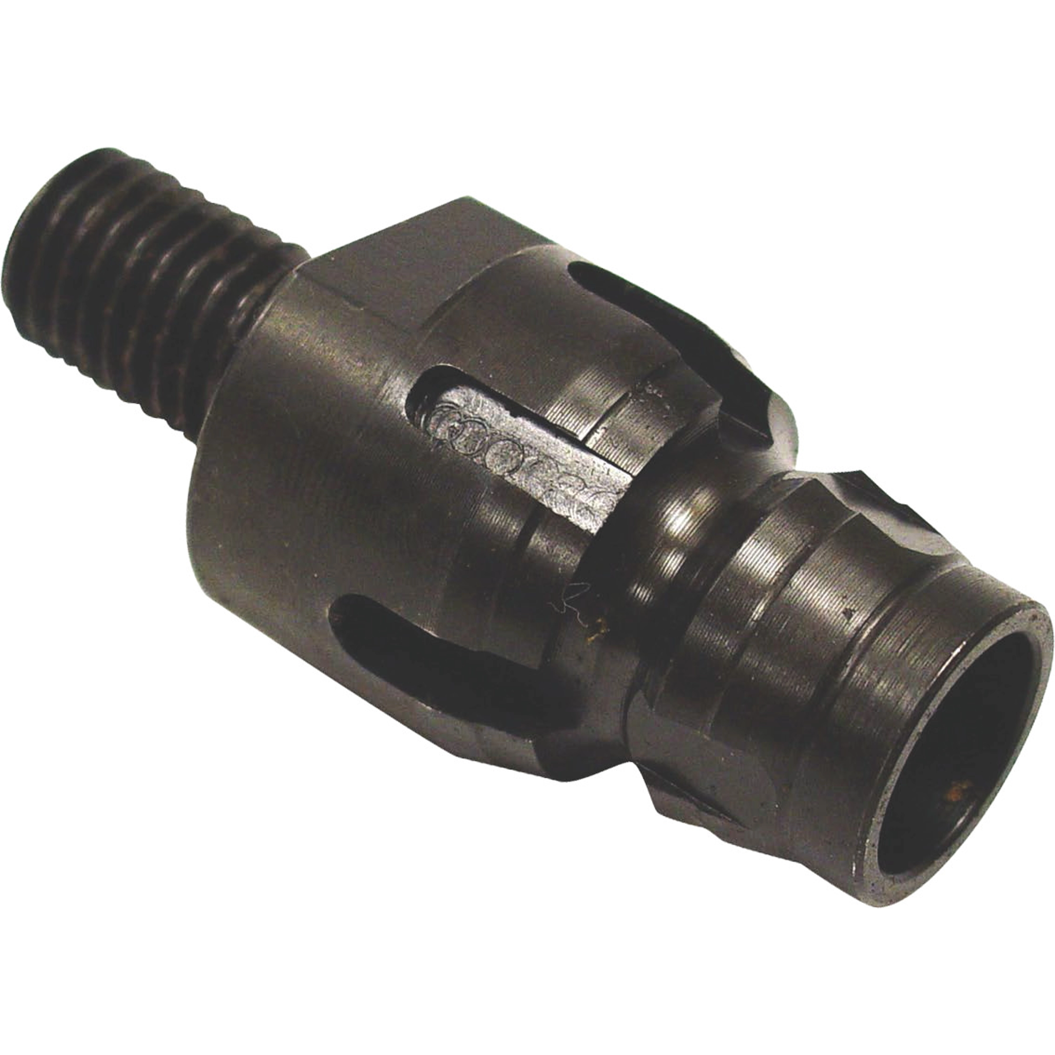 6-Slot Core Bit Adapter made of dark metal, featuring a threaded end and six radial slots for secure attachment to various tools.