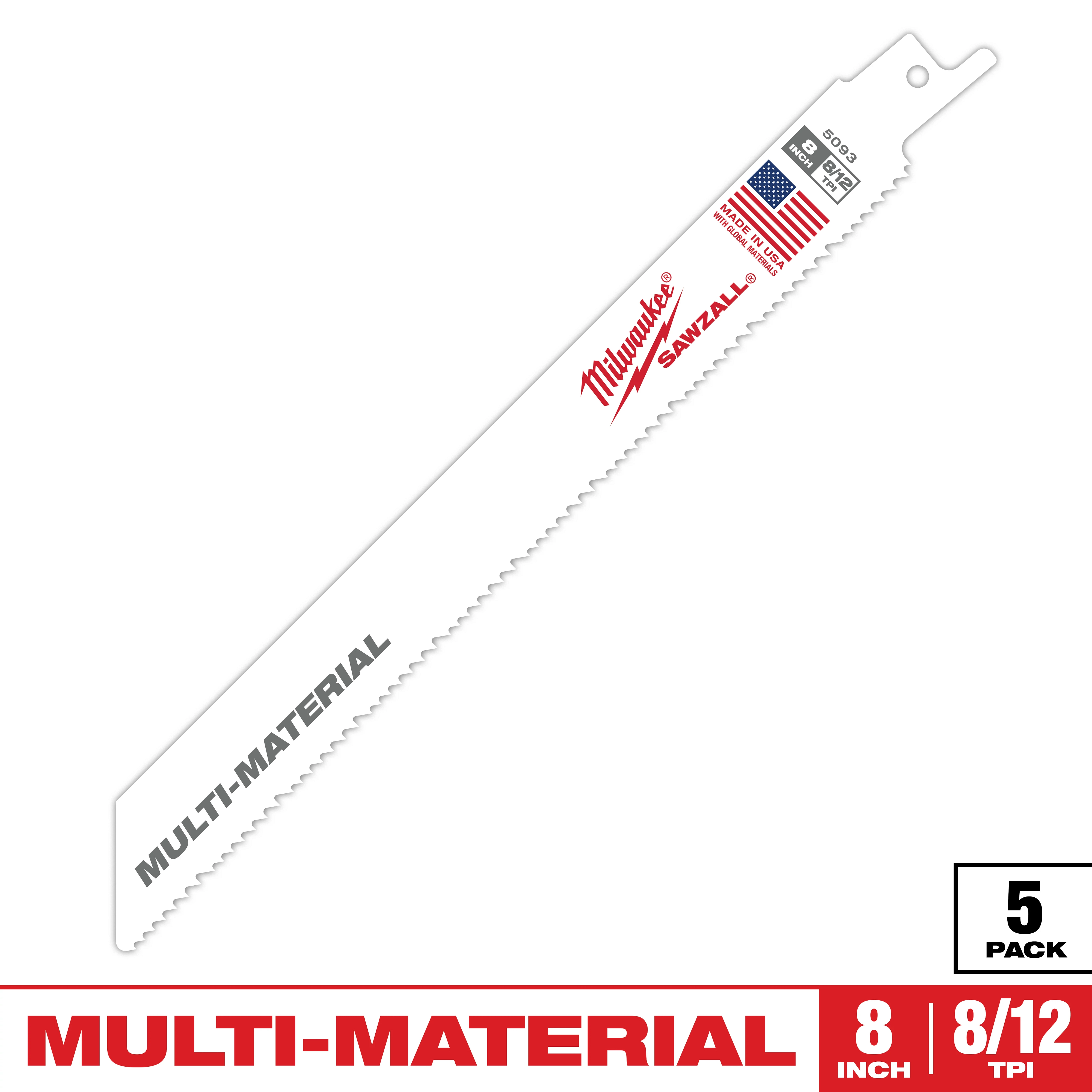 Milwaukee Sawzall multi-material blade is shown. It is 8 inches long with 8/12 teeth per inch. The packaging indicates a five-blade pack. The blade is white with red branding and black specifications. It features the USA flag symbol and "Made in the USA" text.