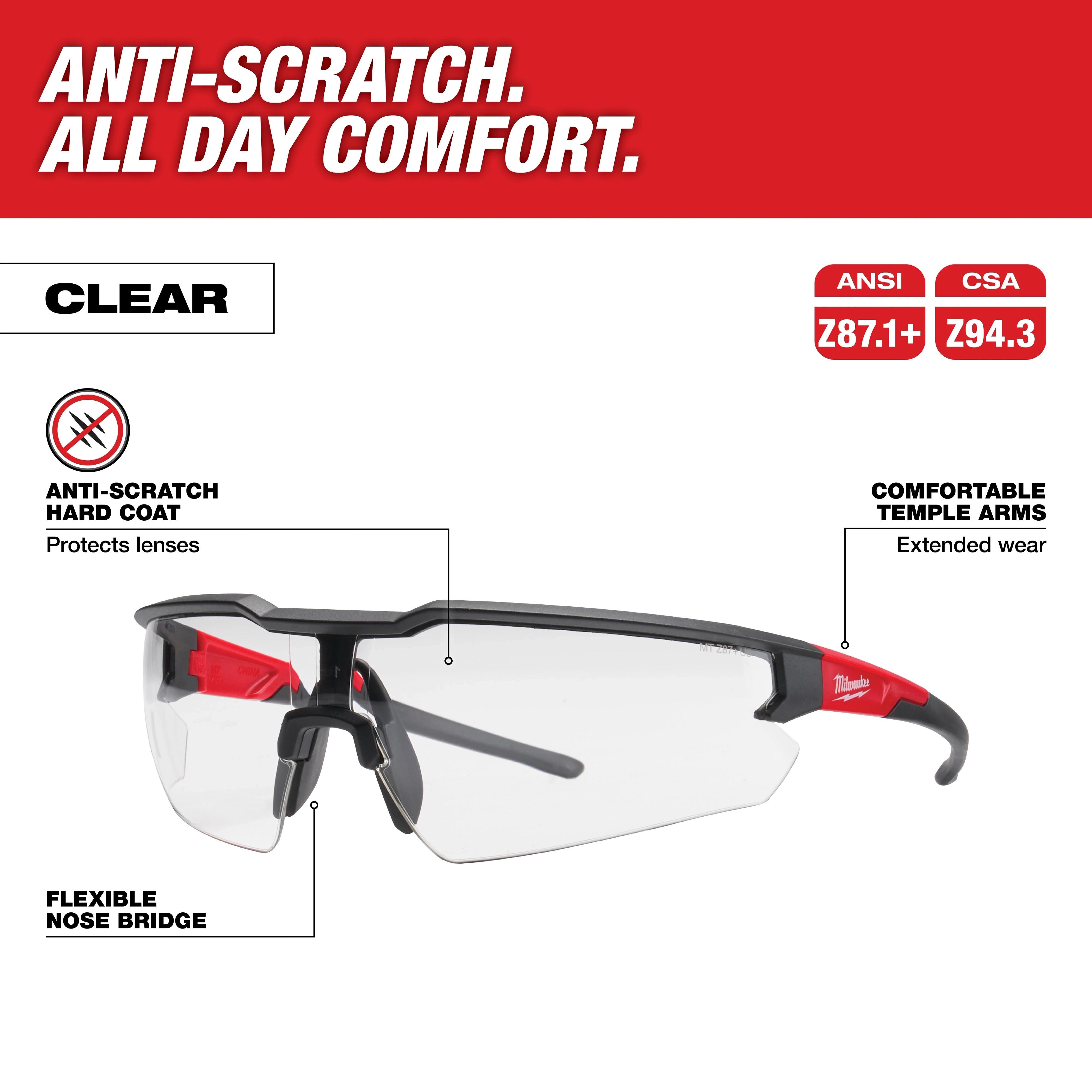 Safety Glasses - Anti-Scratch Lenses (Clear) with black frame, flexible nose bridge, and comfortable temple arms for extended wear.