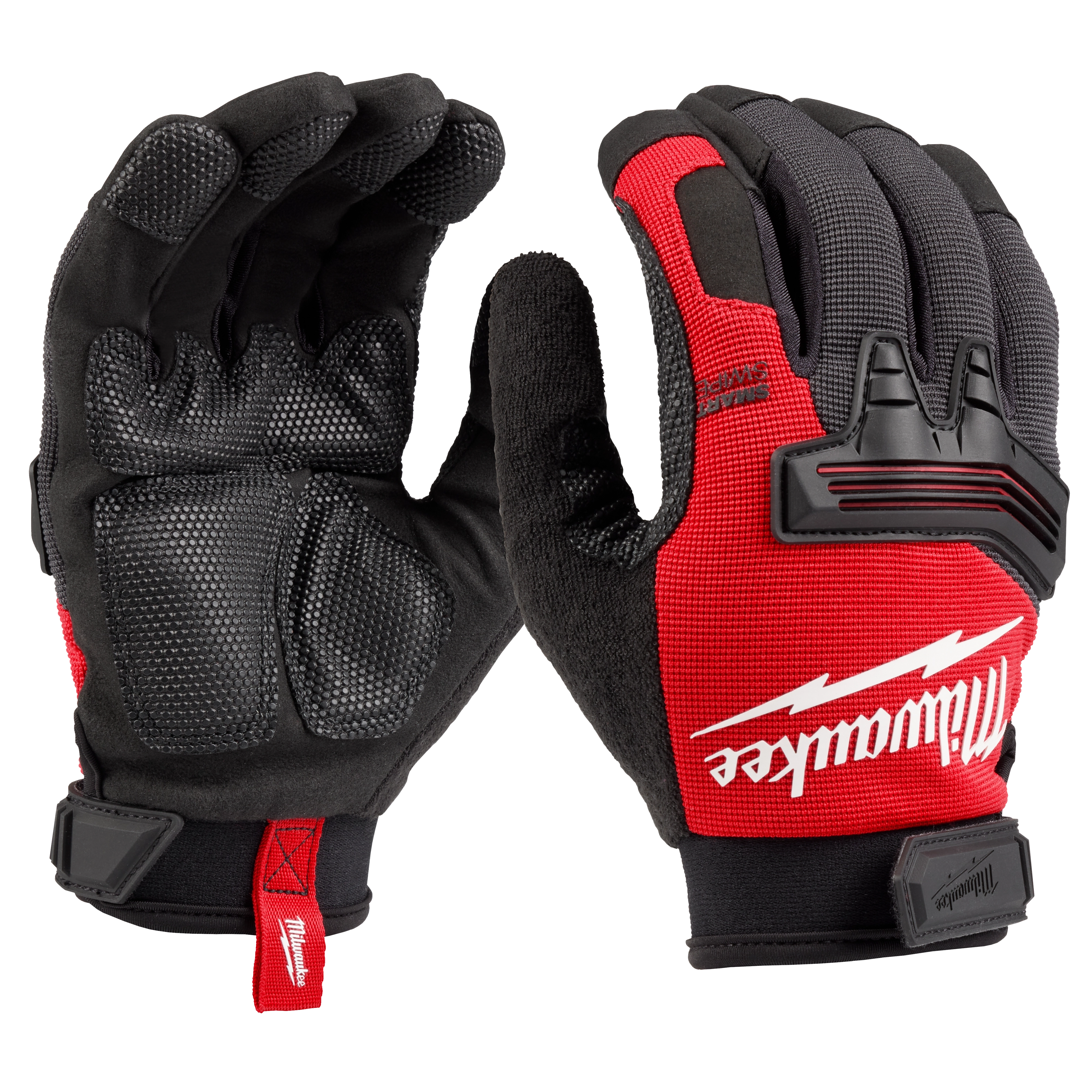 Red and black WRECKING WORK GLOVE pair, with reinforced knuckles, textured grip palms, adjustable wrist closures, and brand logo on top.