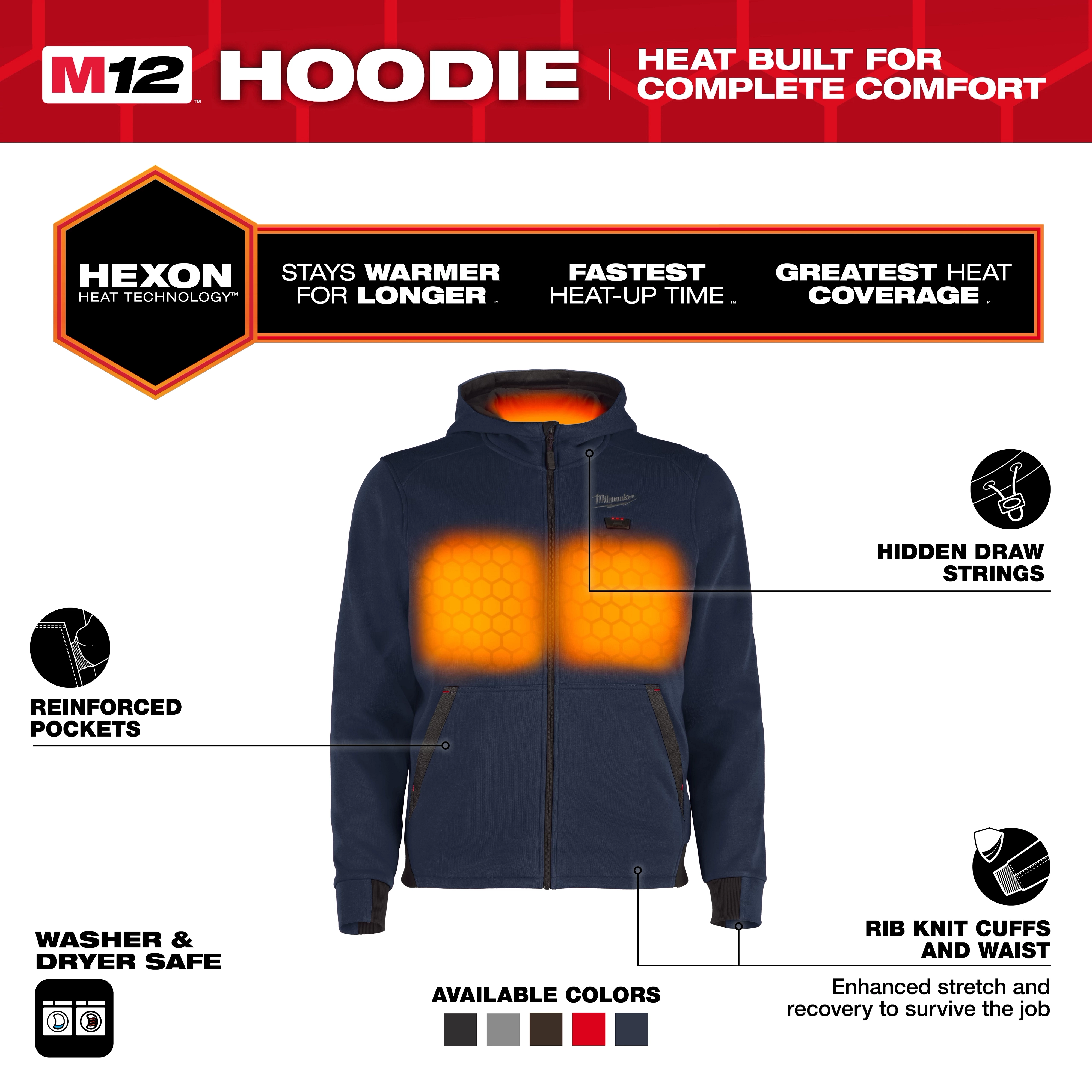 The M12™ Heated Hoodie features Hexon heat technology, reinforced pockets, hidden draw strings, and rib knit cuffs and waist. It offers fast heat-up, extended warmth, and great heat coverage. The hoodie is washer and dryer safe and available in multiple colors.