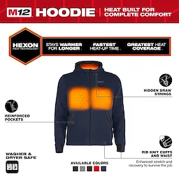 The M12™ Heated Hoodie features Hexon heat technology, reinforced pockets, hidden draw strings, and rib knit cuffs and waist. It offers fast heat-up, extended warmth, and great heat coverage. The hoodie is washer and dryer safe and available in multiple colors.