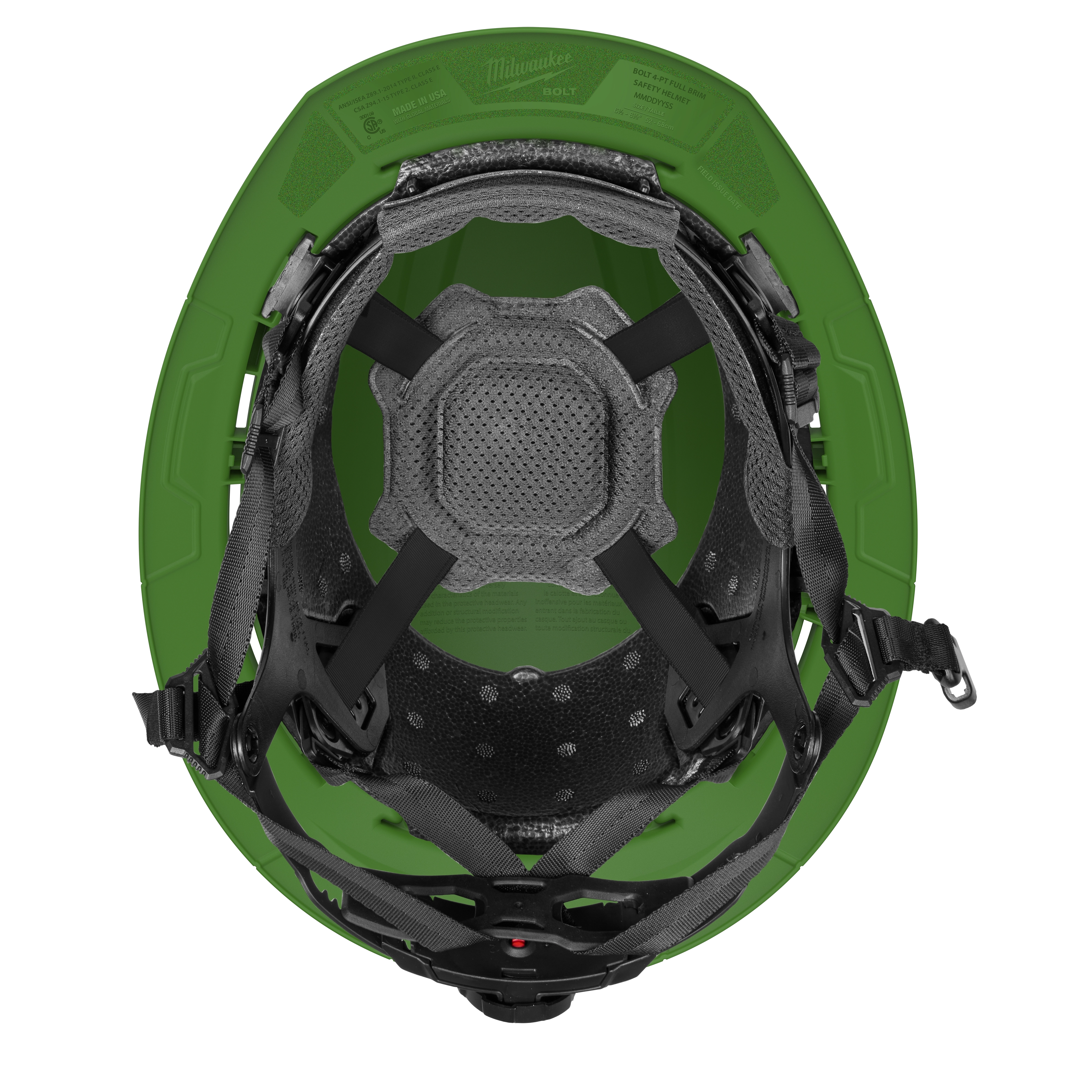 BOLT™ Green Full Brim Safety Helmet with 4-point Ratcheting Suspension – Type 2, Class E, is depicted from above, showing the interior padding and black adjustable suspension system designed for a secure, comfortable fit.