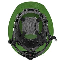 BOLT™ Green Full Brim Safety Helmet with 4-point Ratcheting Suspension – Type 2, Class E, is depicted from above, showing the interior padding and black adjustable suspension system designed for a secure, comfortable fit.