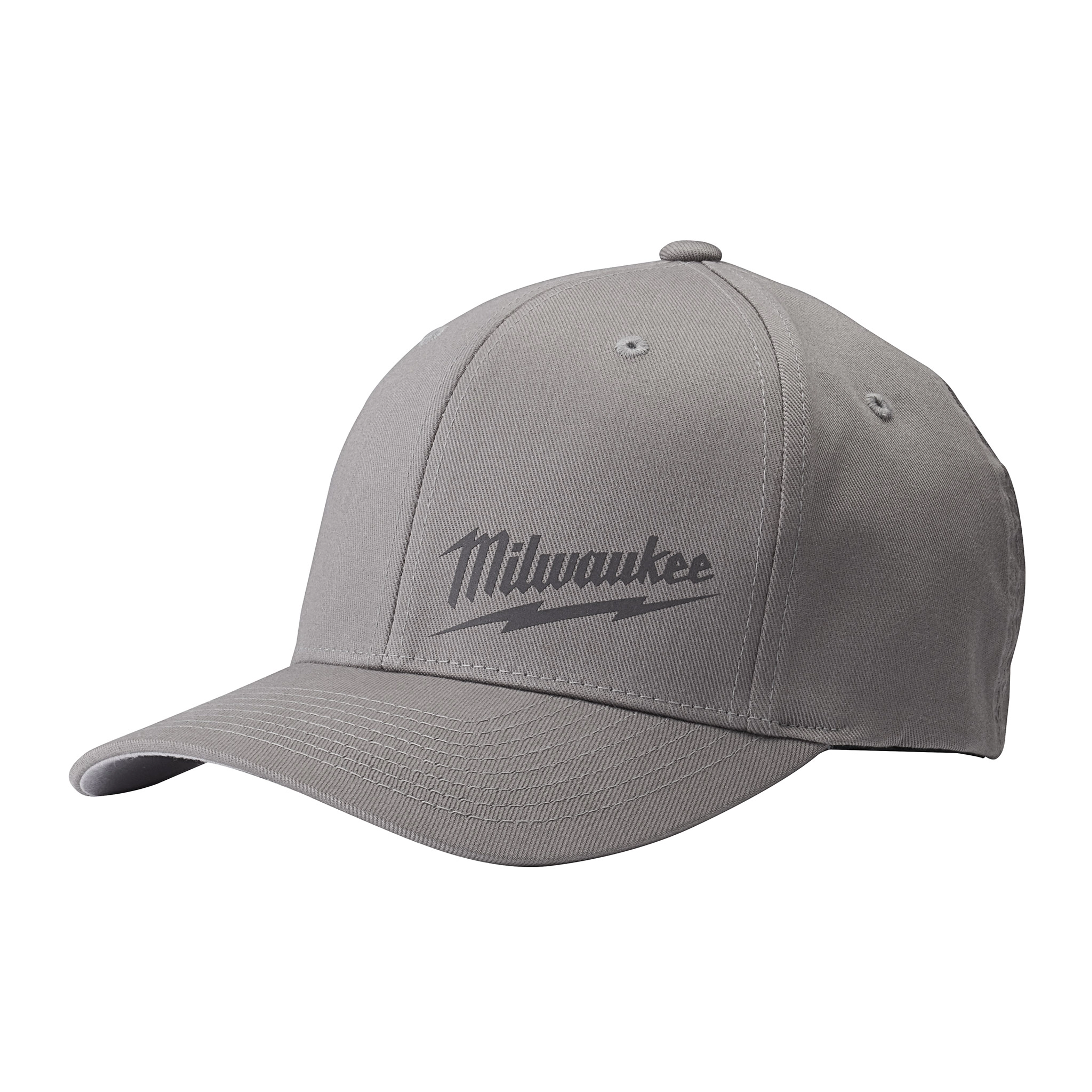 Gray Milwaukee Fitted Hat with embroidered Milwaukee logo in dark gray script on the front panel, featuring a curved brim and six-panel construction.