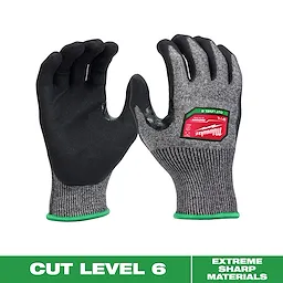 Cut Level 6 High-Dexterity Nitrile Dipped Gloves with black palms, gray knit fabric, and green cuffs, offer ANSI A6 cut protection.