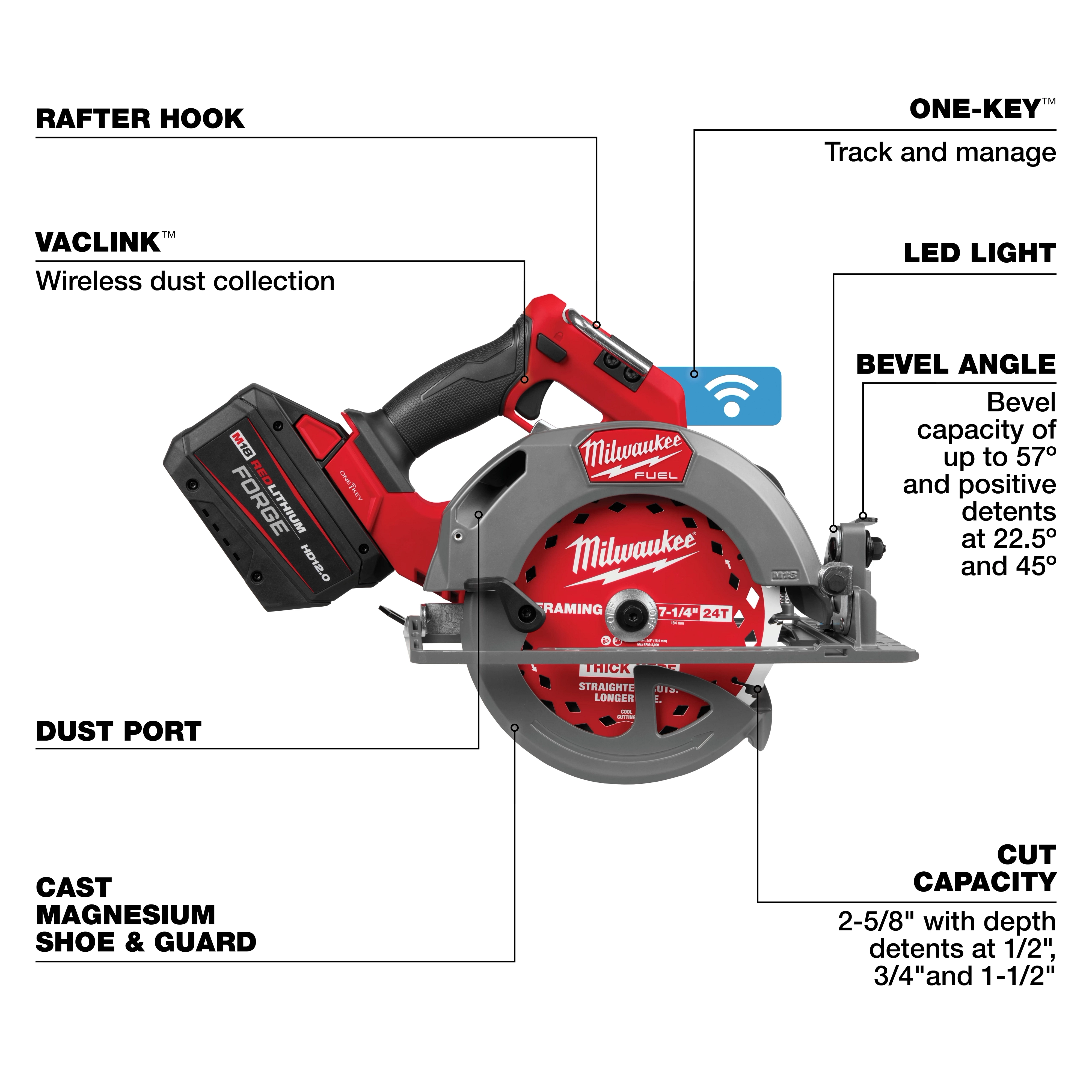 The M18 FUEL™ 7-1/4" Circular Saw w/ ONE-KEY™ features a rafter hook, wireless dust collection, a dust port, a cast magnesium shoe and guard, an LED light, and adjustable bevel and cut capacities. It allows tracking and managing via ONE-KEY™ technology.