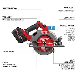 The M18 FUEL™ 7-1/4" Circular Saw w/ ONE-KEY™ features a rafter hook, wireless dust collection, a dust port, a cast magnesium shoe and guard, an LED light, and adjustable bevel and cut capacities. It allows tracking and managing via ONE-KEY™ technology.